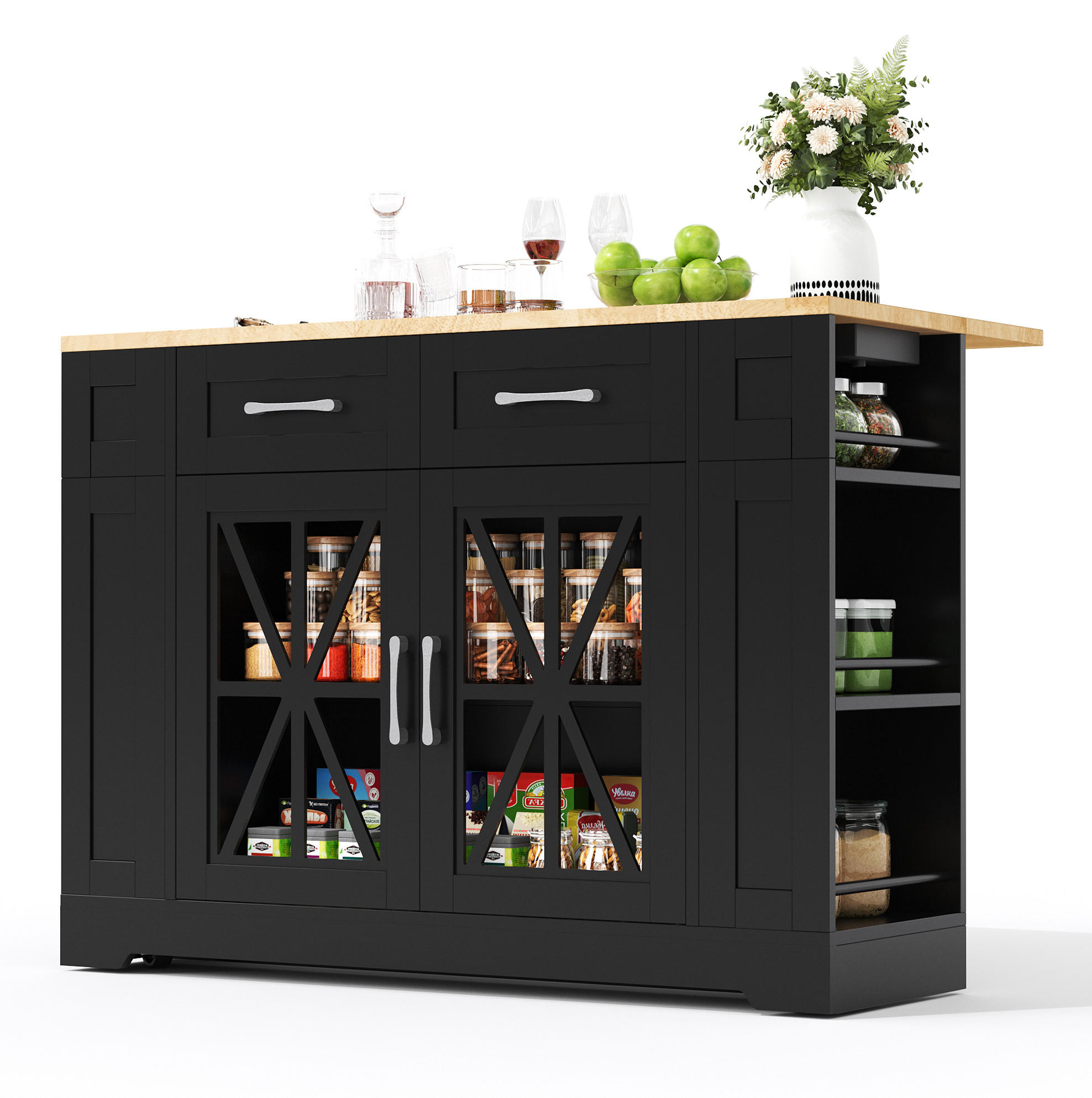 KÜCHENINSEL 120/40(65)/92 cm in Schwarz/Natur mit Klapptisch und Stromanschlüssen - Schwarz, Holzwerkstoff (120/92/65cm) - Flora Grace