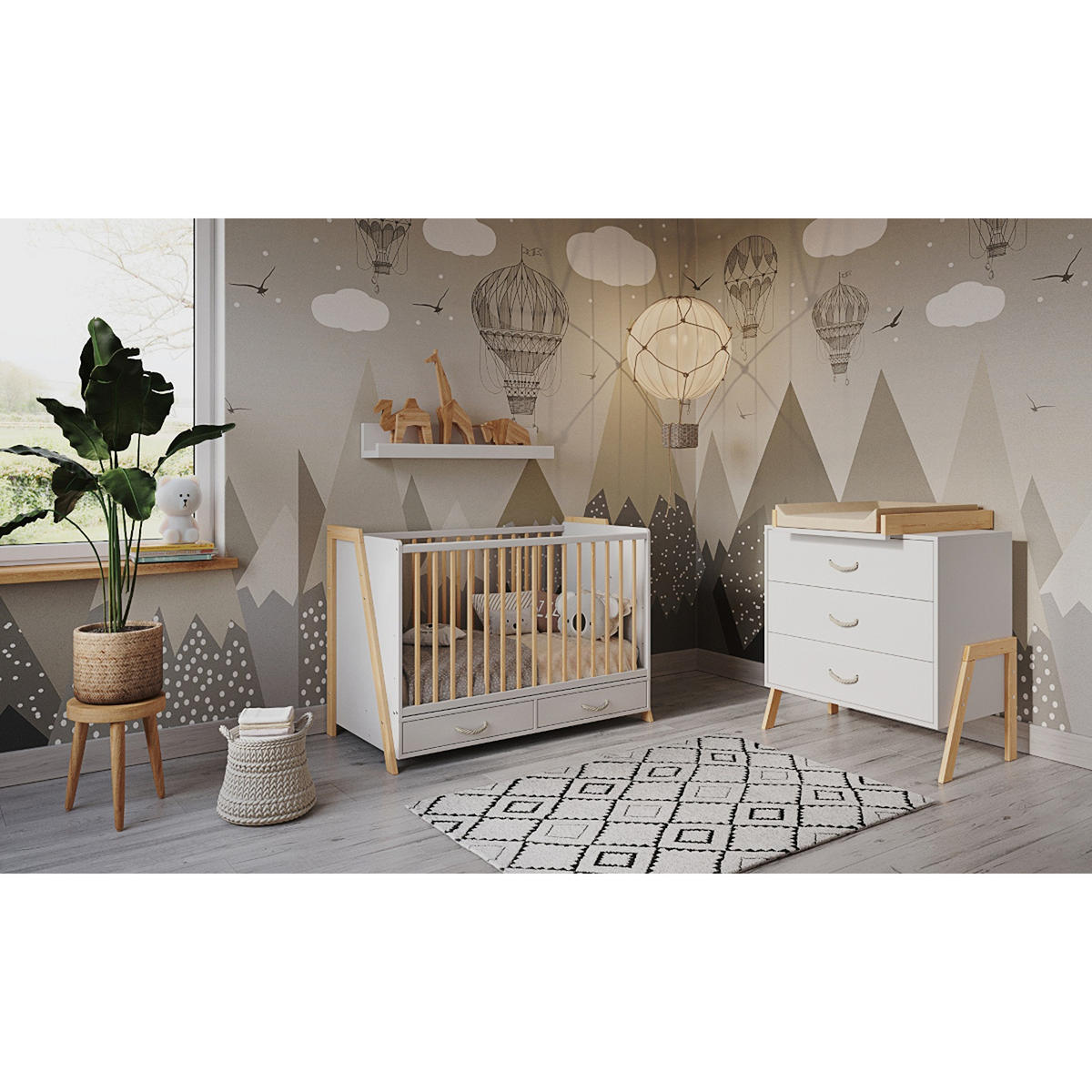 BABYBETT Liv, Mitwachsendes, Schreibtisch 2in1 Weiß und Kiefer - Kieferfarben, Holz (60/120cm) - Premiers Moments