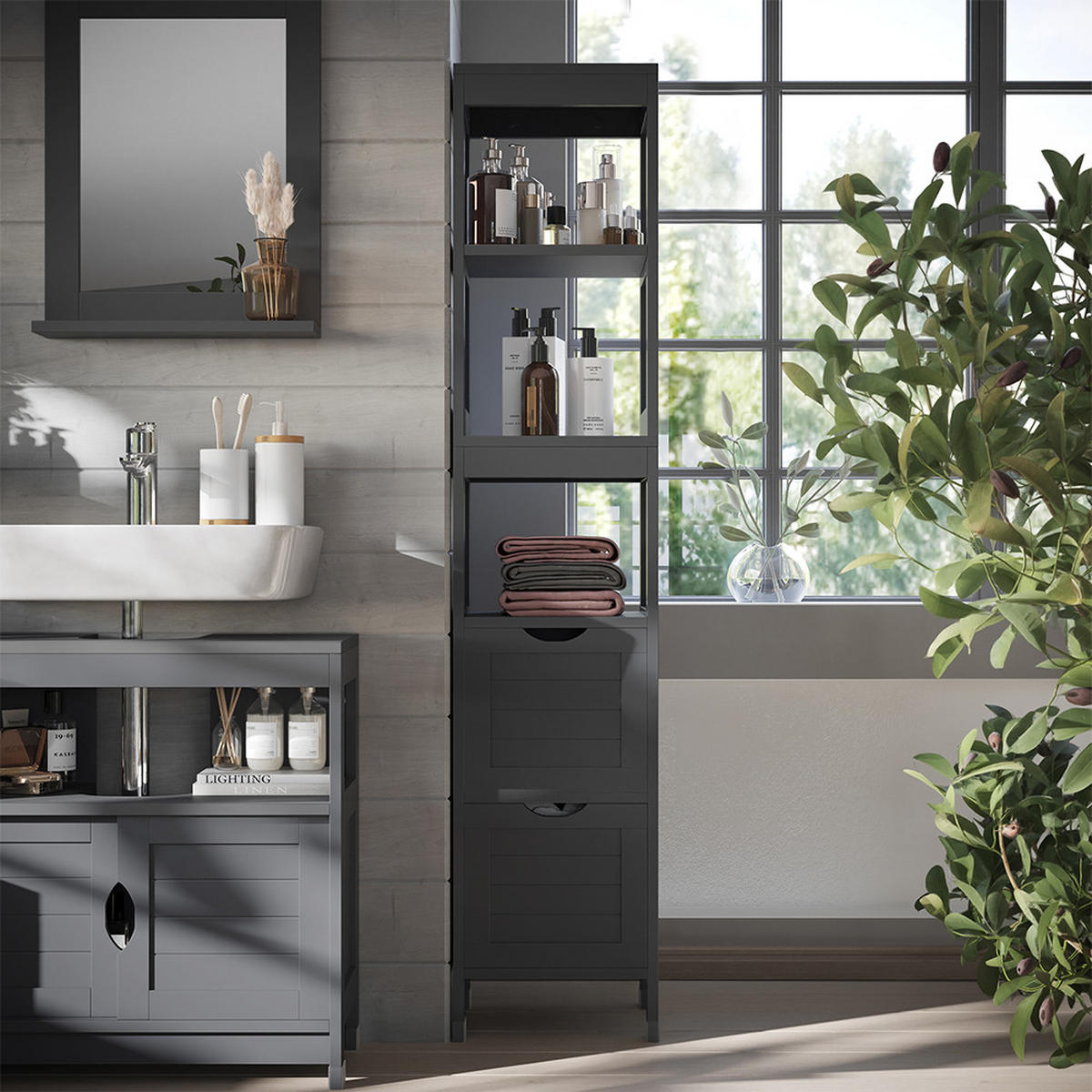 BADSCHRANK Vilda Grau 30 x 144 cm mit 2 Schubladen - Grau, Holzwerkstoff (30/144/30cm) - Vicco