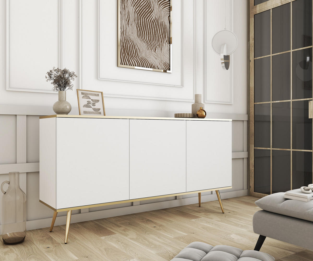 KOMMODE ORO - K-160, 2-Türen, 2-Schubladen, Push-to-Open 160x39x85 cm Weiß/Gold - Goldfarben/Weiß, Holzwerkstoff/Kunststoff (160/85/39cm) - DomoHome