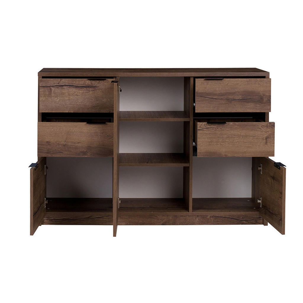 Thumbnail - Ravio Sideboard, Braun, Schwarz Hochglanz, Metall, 4 Schubladen, Rechteckig,Rechteckig, 135x90x40 cm, Wohnzimmer, Kommod...