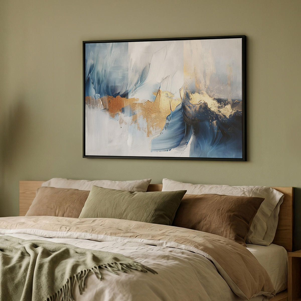 LEINWAND Bilder mit Rahmen - Gold - Blau - Aquarell - Kunst - Modern - 100x70 - Hellblau, Textil (100/70cm) - MuchoWow