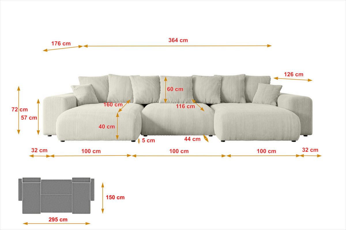 WOHNLANDSCHAFT mit Schlaffunktion ESKAR-U -364x176x72cm Grau Cord - Hellgrau/Schwarz, Holzwerkstoff/Kunststoff (364/72/176cm) - ALTDECOR