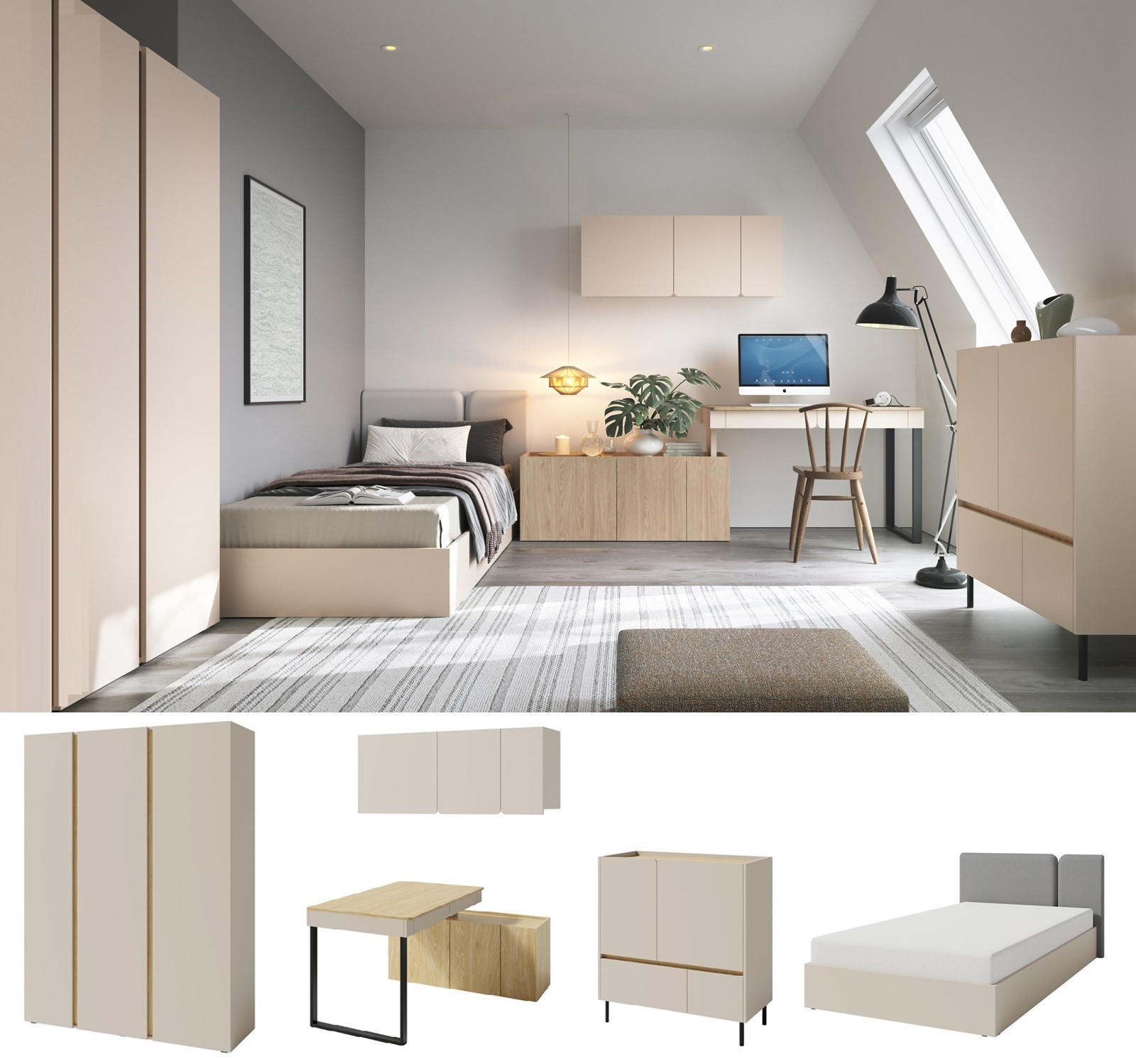 JUGENDZIMMER Laris Set C mit Bett 120 x 200 - Sandbeige / Eiche geölt - Eichefarben/Beige, Holzwerkstoff/Metall (145/195/50cm) - QMM TraumMöbel