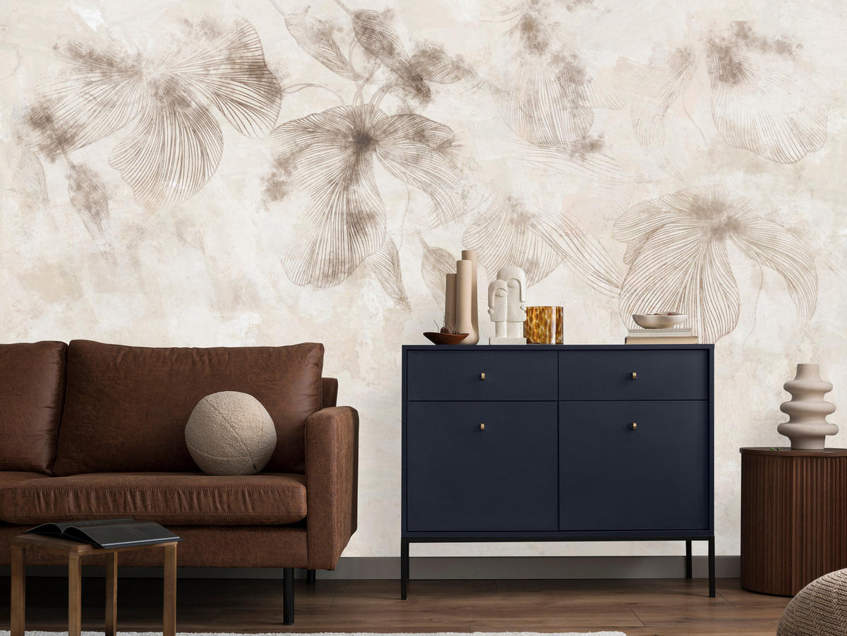 FOTOTAPETE für Wohnzimmer Boho Blumen auf Beton Natur Vintage 250x175 - Beige/Braun, Papier (250/175cm) - Muralo