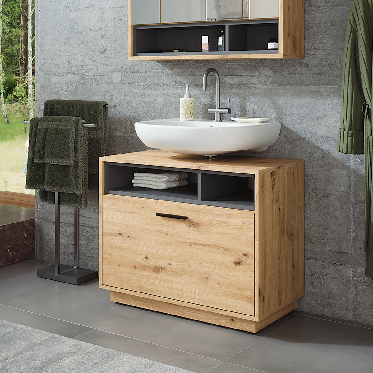 WASCHBECKENUNTERSCHRANK Beatrice Artisan Eiche/Anthrazit 80 x 64 cm mit Schublade - Anthrazit/Eiche Artisan, Holzwerkstoff (80/64/35cm) - Vicco