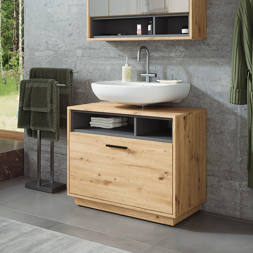 Thumbnail - Vicco Waschbeckenunterschrank, Eiche Artisan, Anthrazit, Holzwerkstoff, 1 Fächer, Rechteckig, 80x64x35 cm, Badezimmer, B...