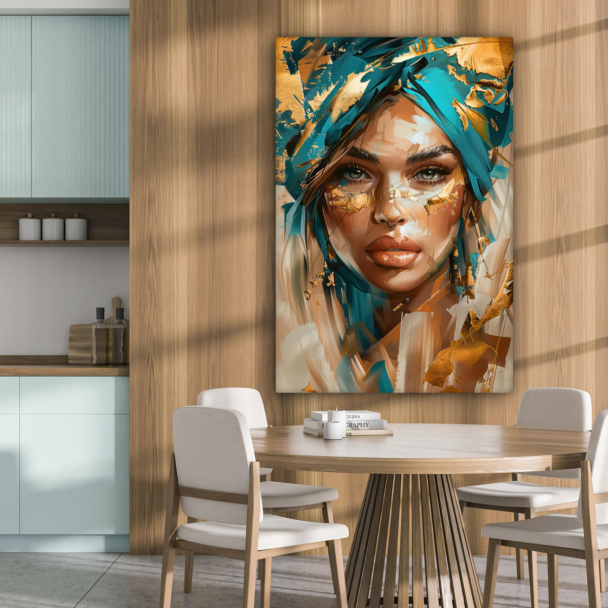 LEINWANDBILD - Frau - Porträt - Gold - Luxus - Blau - 80x120 - Wanddeko - Türkis, Textil (80/120cm) - MuchoWow