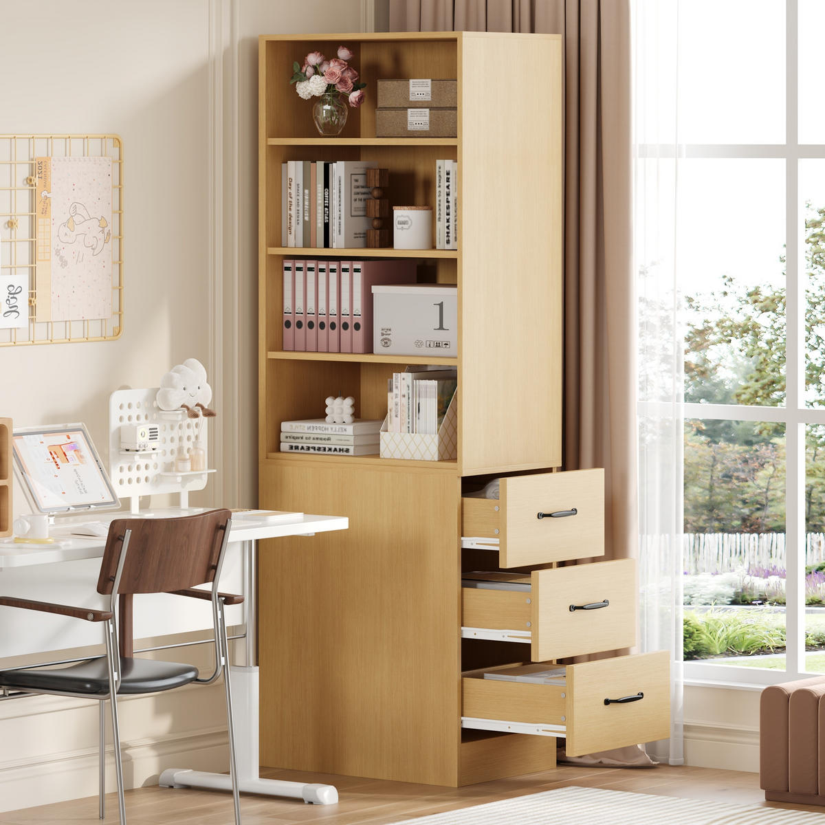 BÜCHERREGAL in Eichenfarbe Eckregal mit Schubladen für kleine Räume und Wohnzimmer, B60/T38/H180 cm - Eichefarben, Holzwerkstoff (60/180/36.5cm) - STILVORA