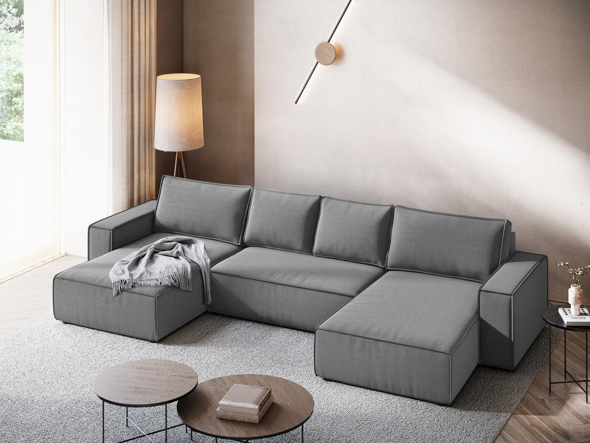 WOHNLANDSCHAFT Samt Stoff Grau - Schwarz/Grau, Kunststoff/Textil (398/82/185cm) - Makamii
