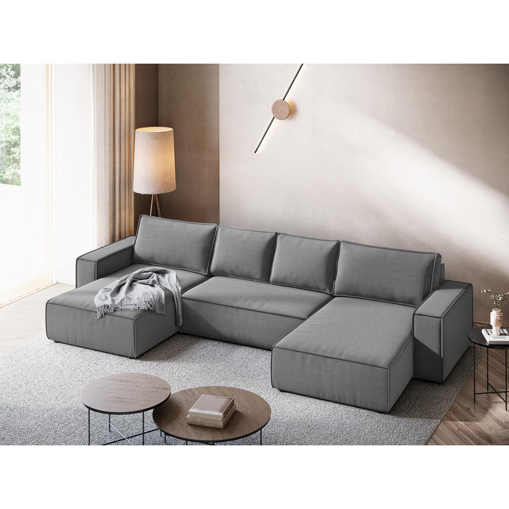 Thumbnail - Makamii Wohnlandschaft, Grau, Textil, 4-Sitzer, Füllung: Schaumstoff, U-Form, 398x82x185 cm, Made in EU, Wohnzimmer, Sof...