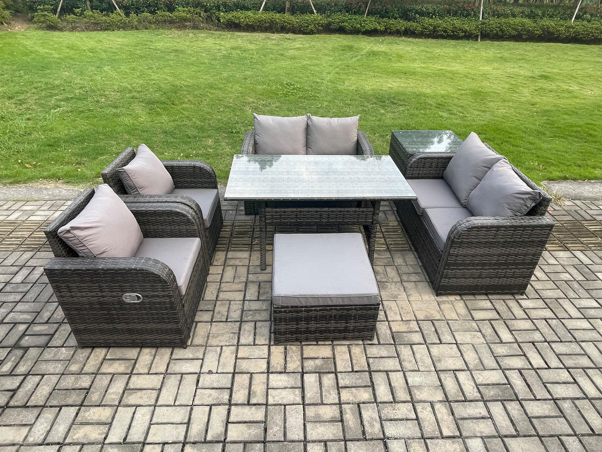 GARTENSET mit Zweisitzer,Hocker,Esstisch,Beistelltisch Polyrattan 7-Sitzer - Dunkelgrau/Grau, Glas/Kunststoff - Fimous