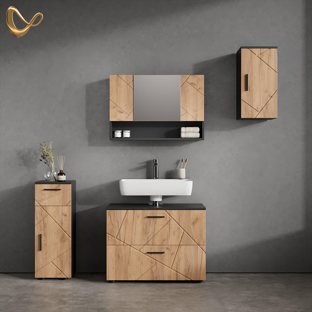 BADMÖBEL-SET Ronco Goldkraft Eiche/Anthrazit 4 Teile - Anthrazit/Eiche Wotan, Holzwerkstoff (41/80/58cm) - Livinity®
