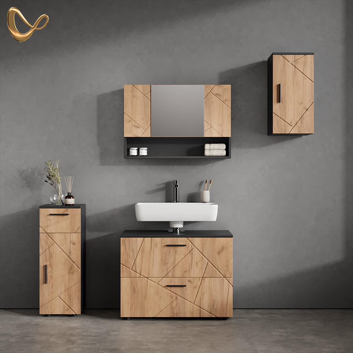 BADMÖBEL-SET Ronco Goldkraft Eiche/Anthrazit 4 Teile - Honigeiche/Anthrazit, Holzwerkstoff (41/80/58cm) - Livinity®