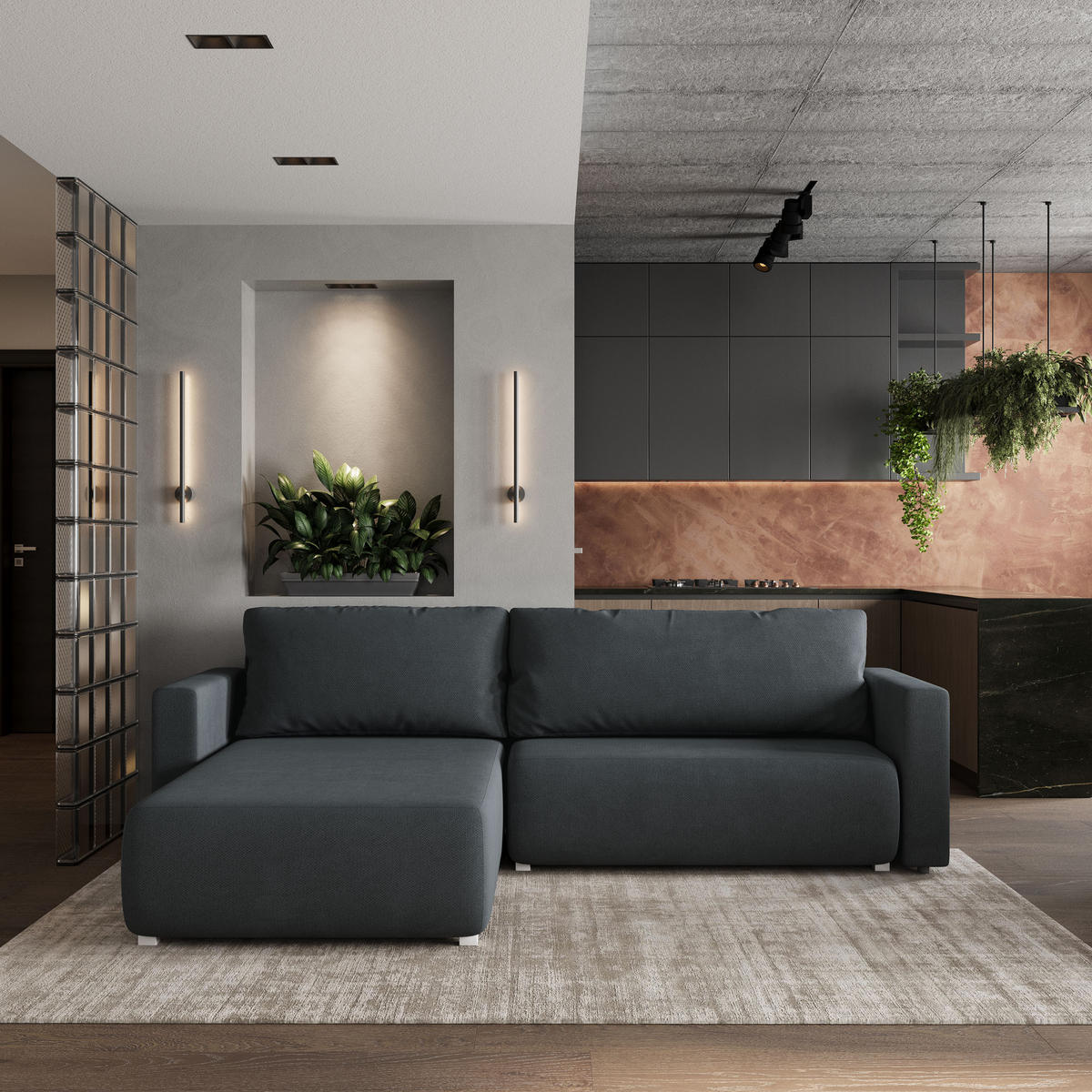 ECKSOFA TURIN Graphitfarben Geflochtener Stoff mit Schlaffunktion - Graphitfarben, Holz (265/183cm) - MASSENO