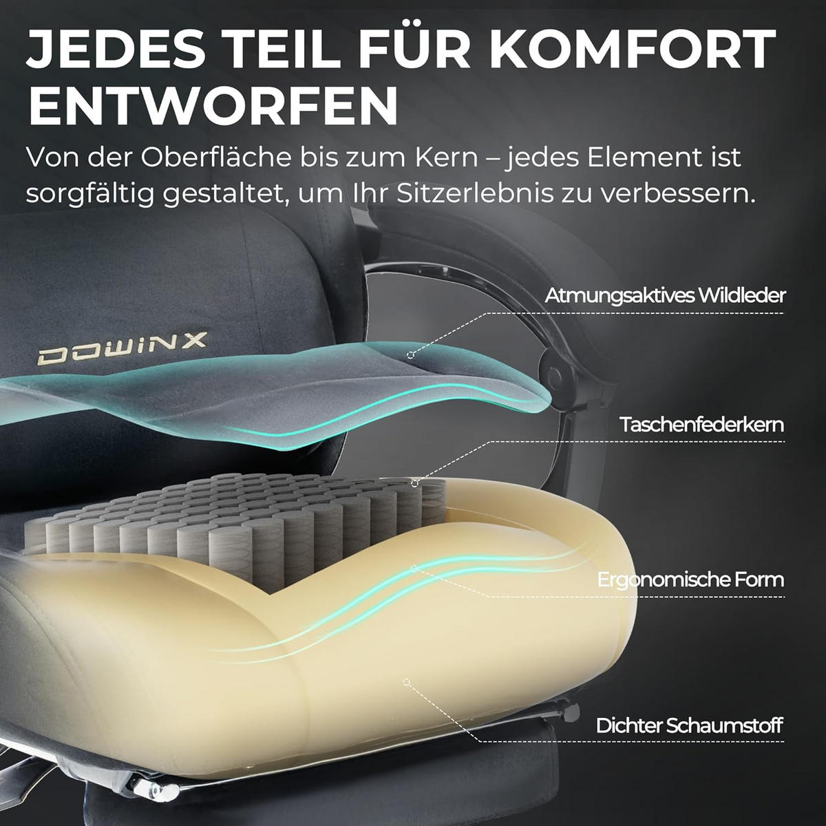 GAMING-STUHL Mikrofaser-Velours & Lendenkissen, Fußstütze 160° Neigbar - Grau, Leder (70/132/70cm)