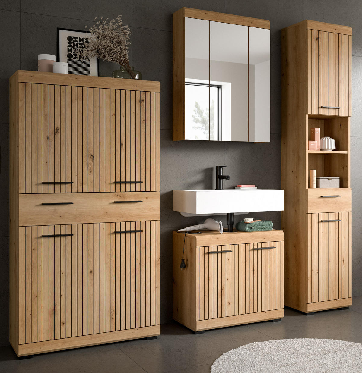 BADMÖBEL-SET Eiche Artisan 4-teilig 200 x 191 cm, Badkombination in modernem Design - Schwarz/Eiche Artisan, Glas/Holzwerkstoff (201/191/34cm) - Inn.Furn