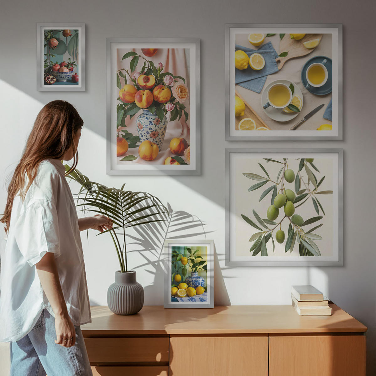 BILDER SET 5er Set - 50x50 cm & 20x30 cm & 40x60 cm Silberner Rahmen - Fruchtzusammensetzungen - Silberfarben, Kunststoff (40/60cm) - TULUP