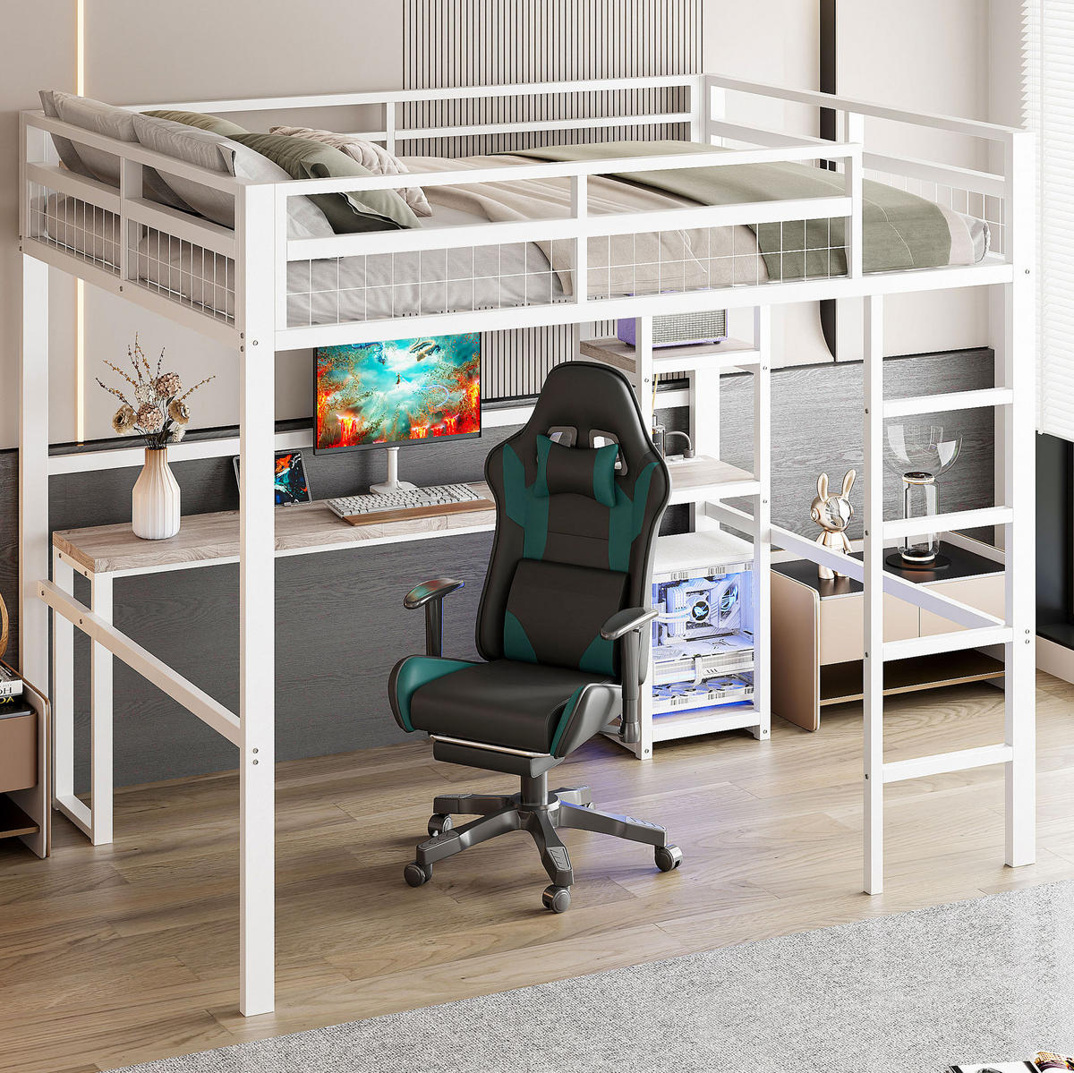 VISOKI krevet od metala 140x200 cm bijeli sa stolom, policama, utičnicom, USB i Type-C priključkom - bijela, metal (90/200cm) - Modfu