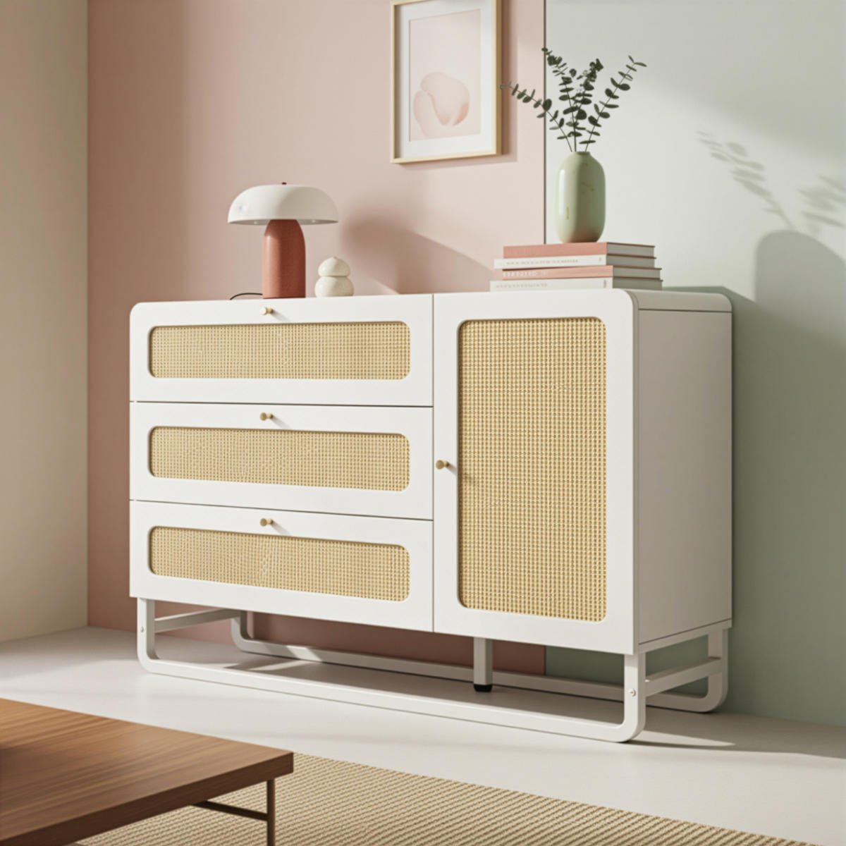 SIDEBOARD aus Holz und Metall 120x40x85 cm Weiß mit Rattanfronten, 3 Schubladen, Türschrank und verstellbaren Einlegeböden - Weiß, Metall (120/85/40cm) - Modfu