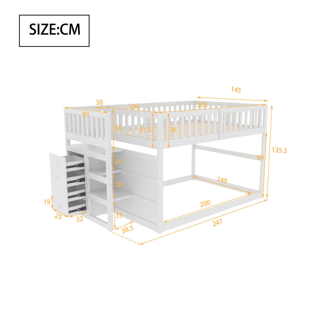 HOCHBETT 140/200 cm aus Holz mit Treppe und 4 Schubladen – Weiß - Weiß, Holz (140/200cm) - BEAOK