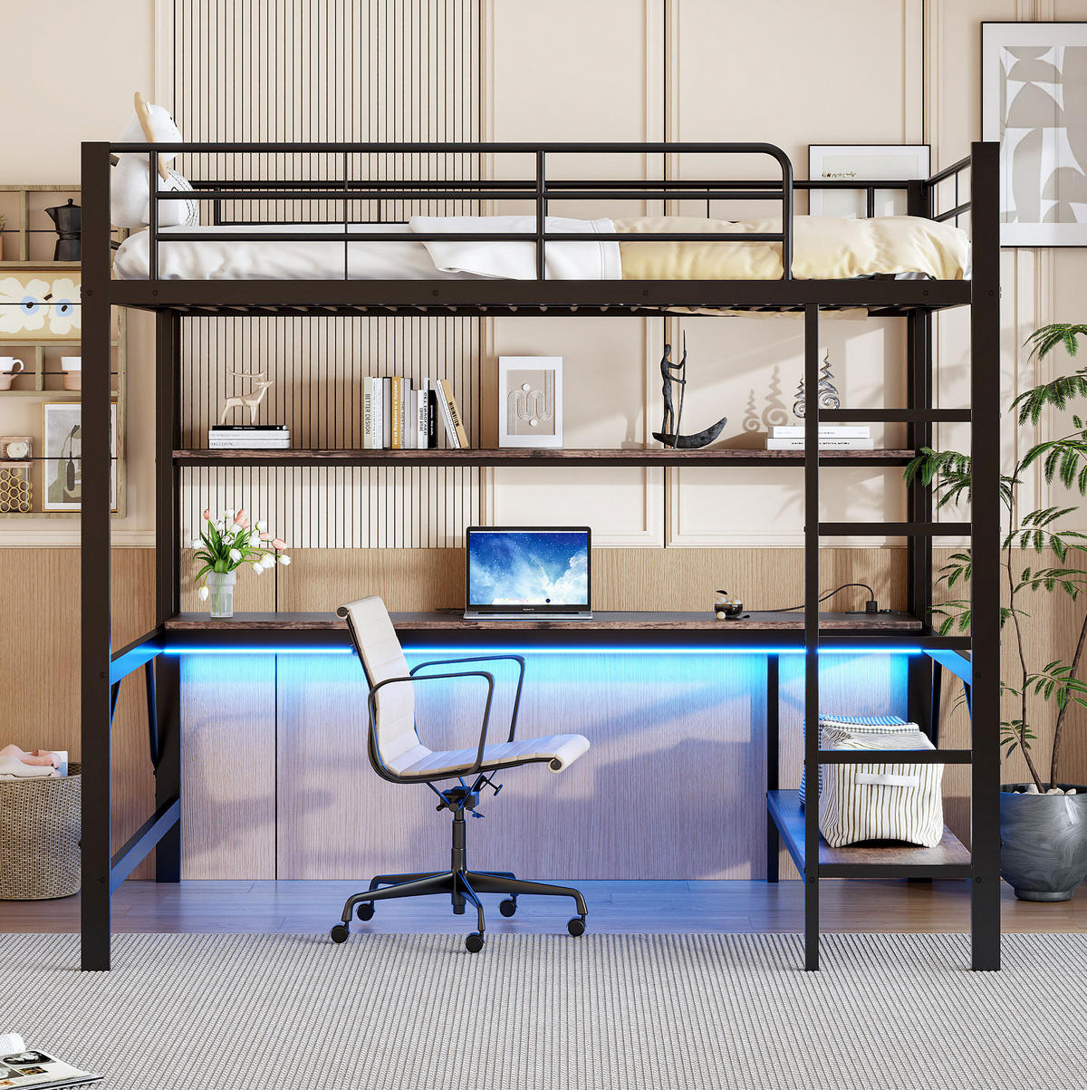 HOCHBETT 140/200 cm schwarz mit USB- und Steckdosenanschlüssen LED-Beleuchtung und Schreibtisch mit Matratze - Schwarz, Metall (140/200cm) - OKWISH