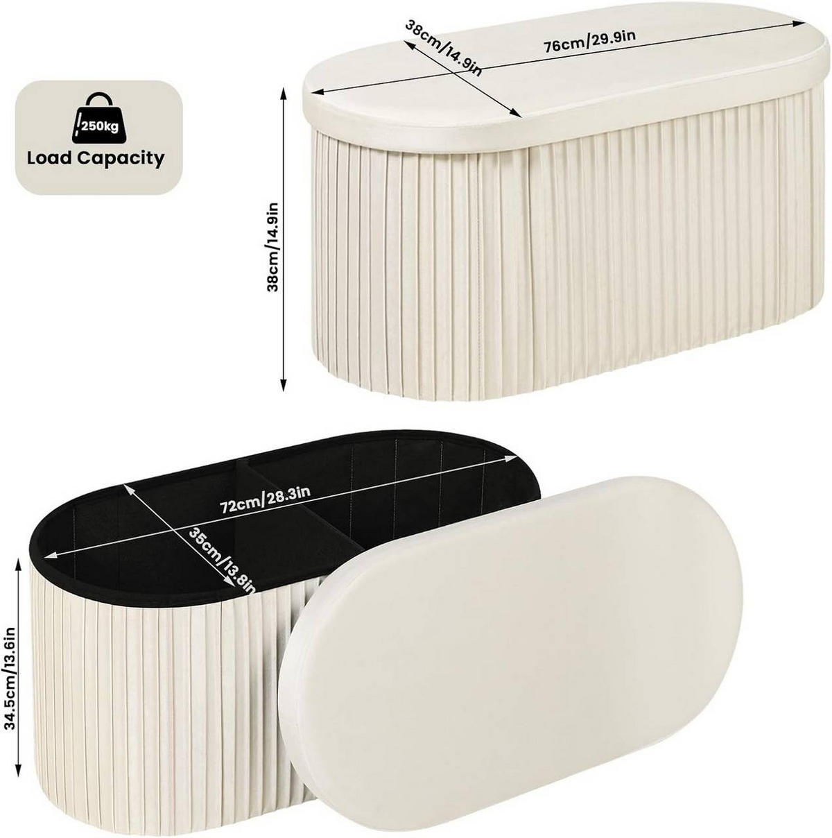 SITZHOCKER mit Deckel Stauraum, 76x38x38 cm, Creme - Creme, Textil (78/38/38cm) - Woltu