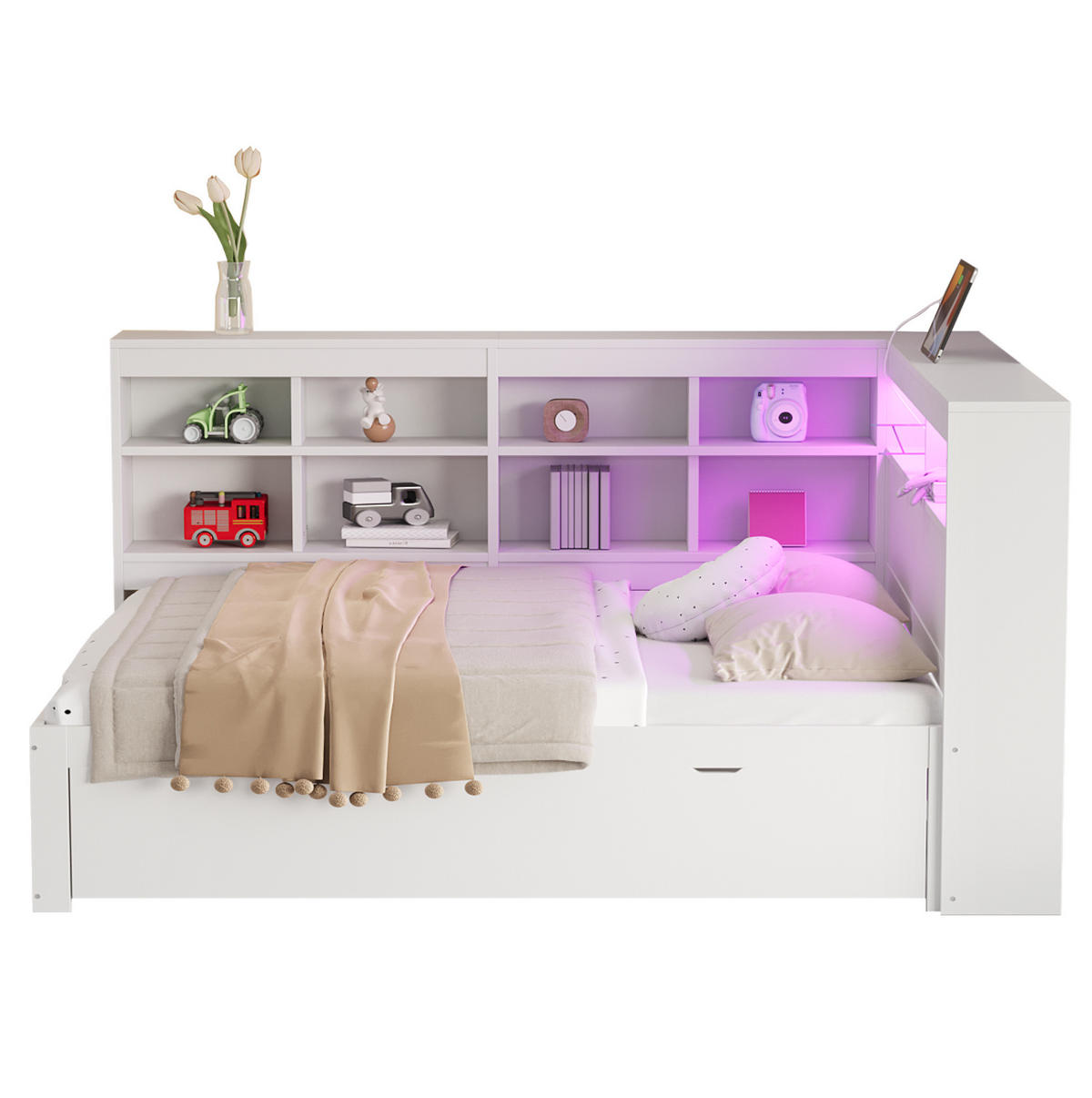 BETT 140/200 cm mit Kopfteil aus Massivholz – mit Stauraum und USB - Weiß, Holz (140/200cm) - BEAOK