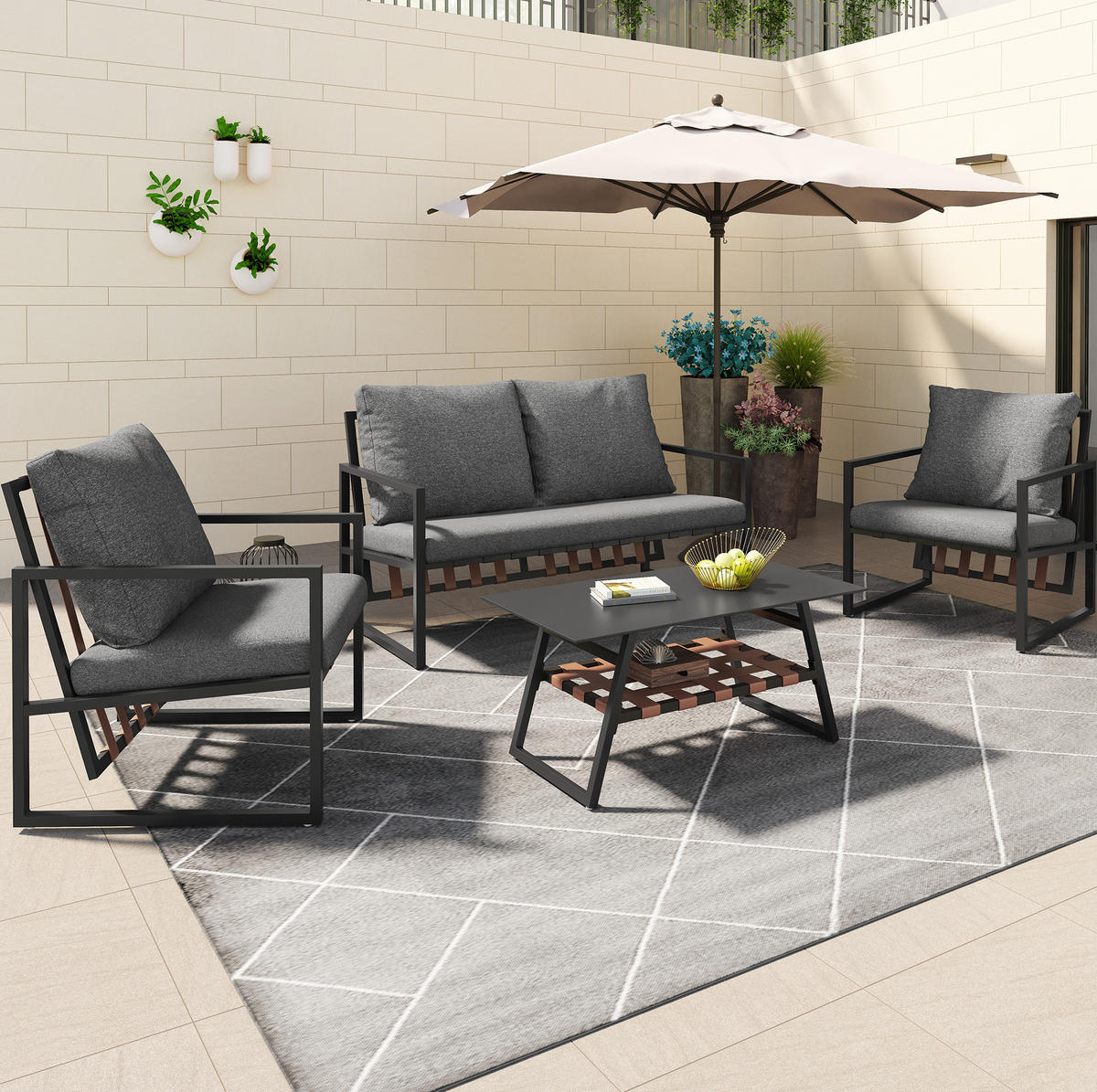 GARTENMÖBELSET aus Kunststoff 114x57x80cm schwarz mit Couchtisch und Kissen - Schwarz, Kunststoff - Modfu