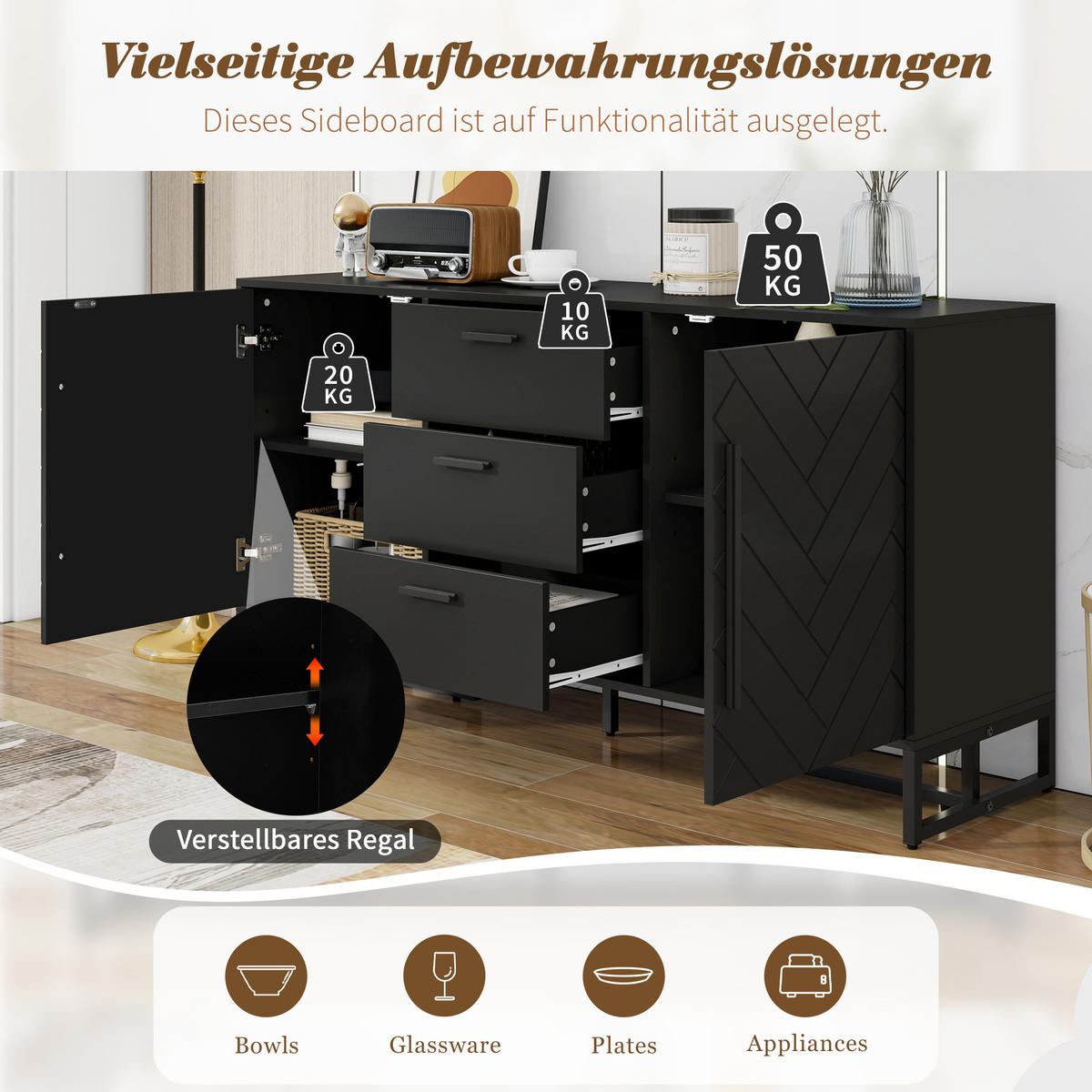 SIDEBOARD in Schwarz mit 2 Türen & 3 Schubladen - Schwarz, Holzwerkstoff (145/75/40cm) - Urban Meuble