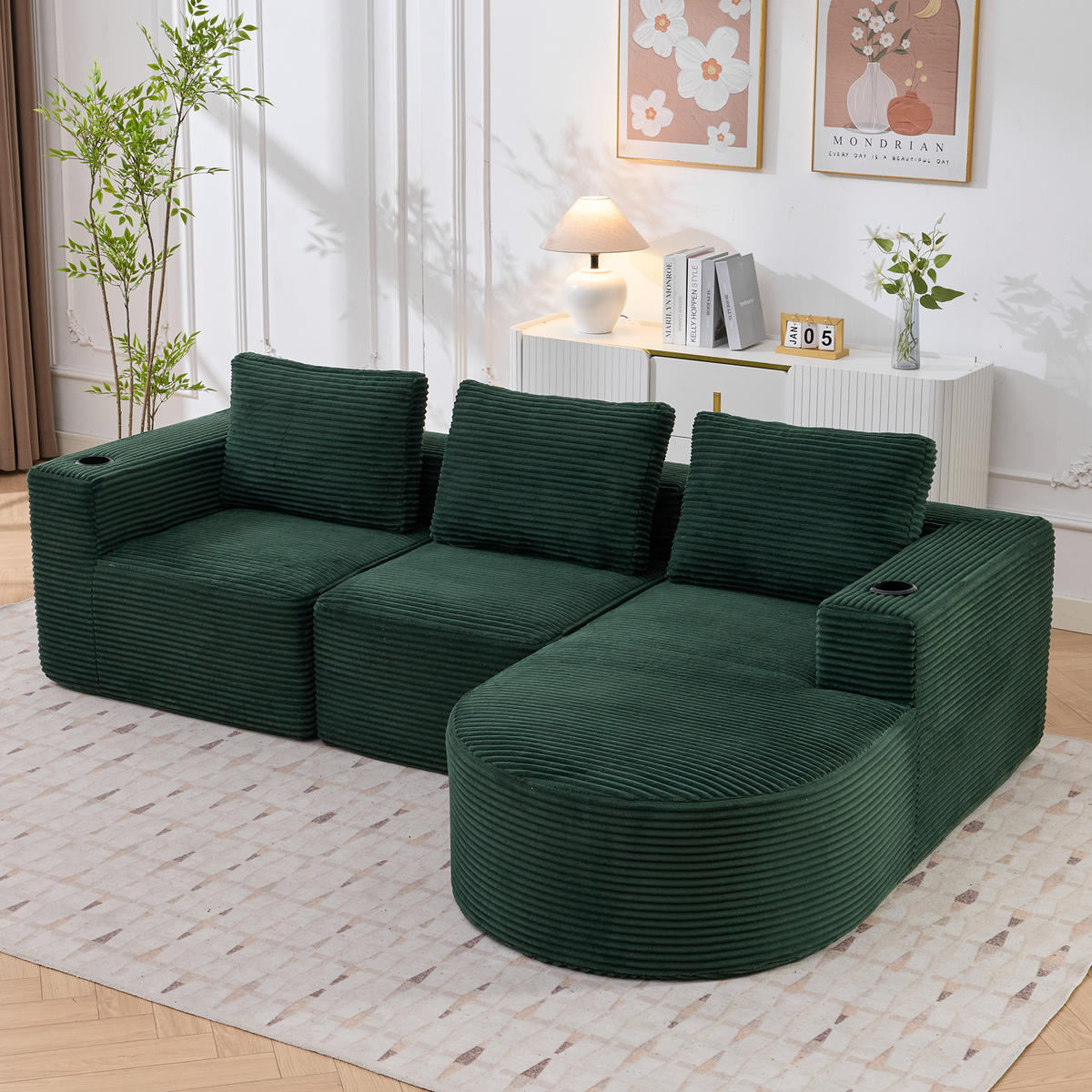 2-SITZER ECKSOFA Cord Retrogrün mit 3 Kissen und 2 Becherhalter - Jadegrün, Textil (265/176cm) - WISHDOR