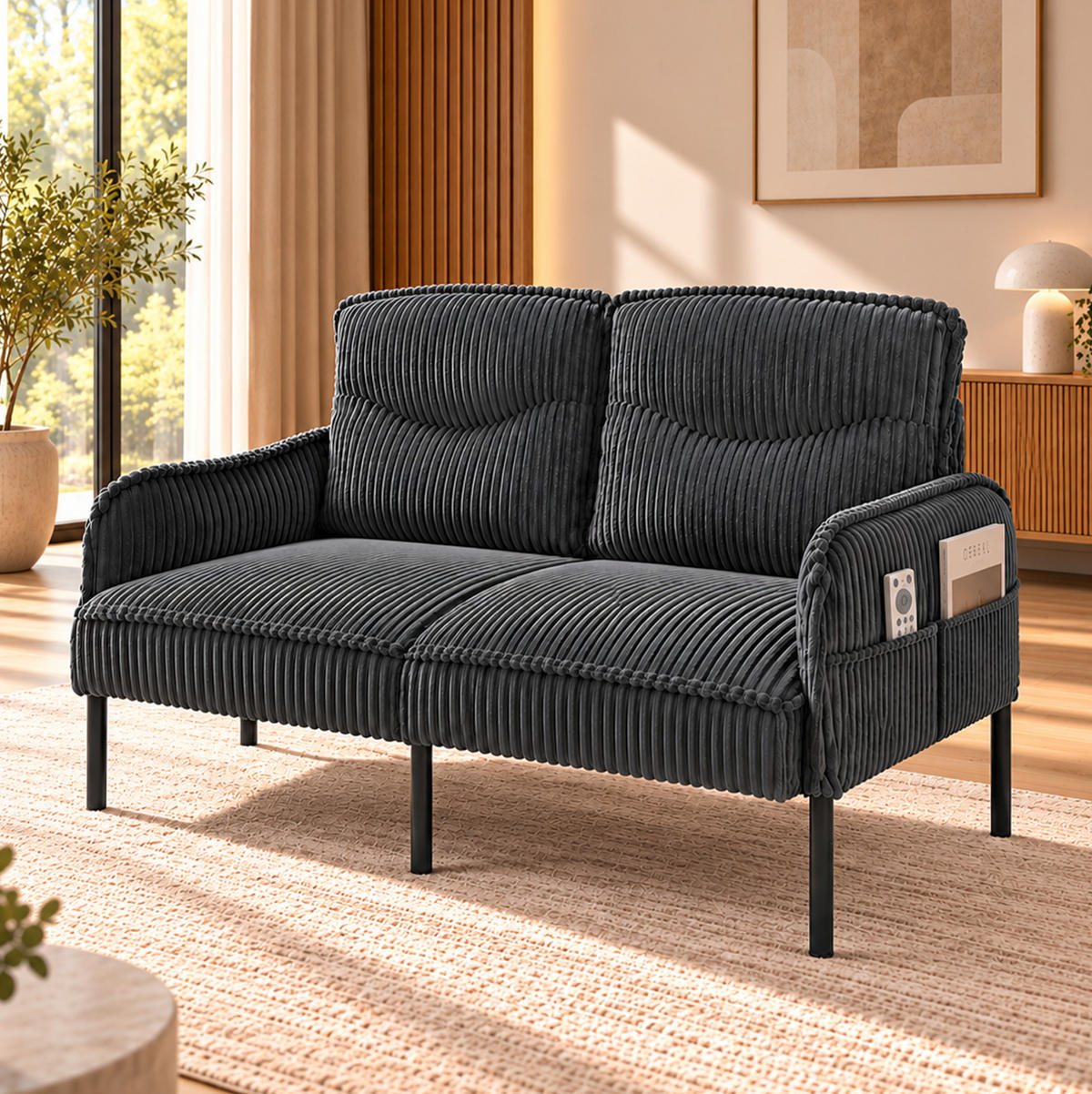 2-SITZER Sofa 122/73/83 cm Cordstoff mit Seitentaschen und Metallbeinen Grau - Schwarz/Grau, Textil/Metall (73/83/122cm) - Redom