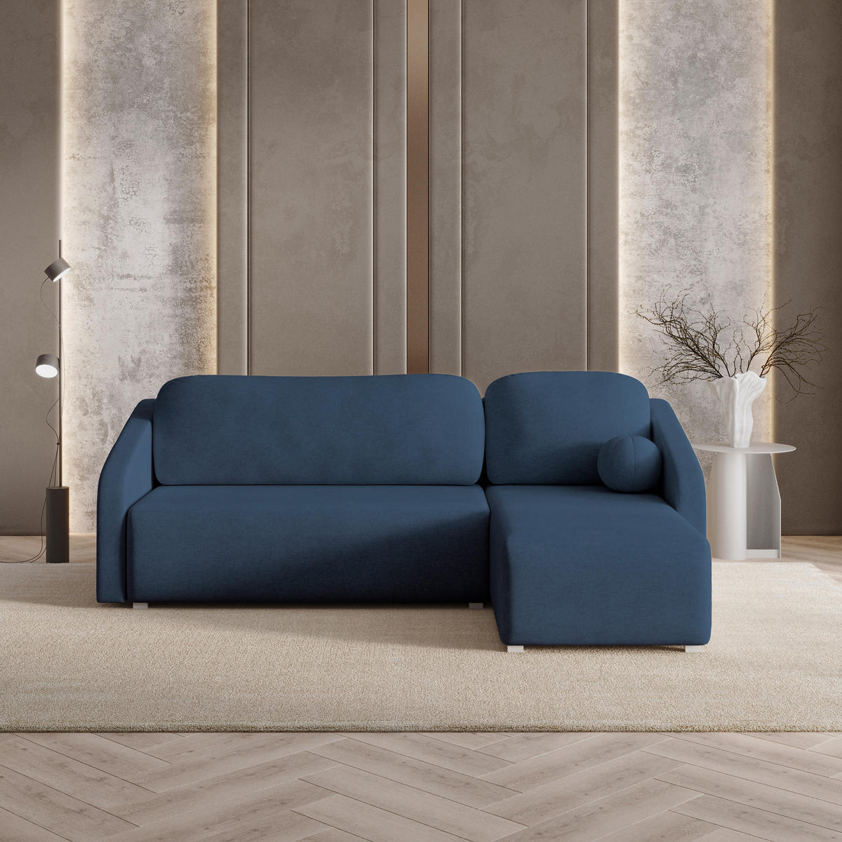 ECKSOFA MARELLO Blau Geflochtener Stoff mit Schlaffunktion - Blau, Holz (220/143cm) - MASSENO