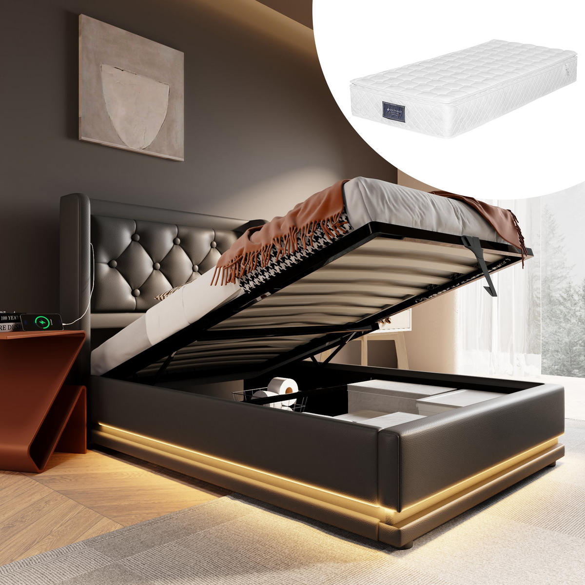 POLSTERBETT 90/200 cm Schwarz PU mit USB- und Type-C-Anschlüssen und 3-seitiger LED-Beleuchtung - Schwarz, Kunststoff (90/200cm) - OKWISH