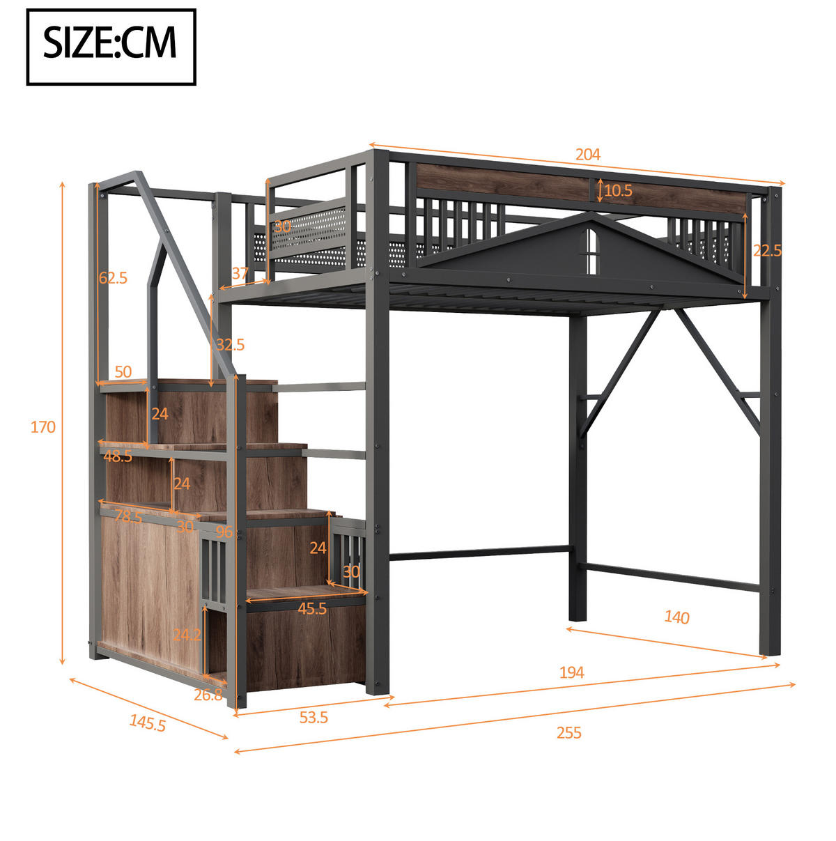 HOCHBETT 140/200 cm aus Metall und Holz mit Stauraumtreppe und Sicherheitszaun Schwarz - Schwarz, Metall (140/200cm) - Modenvie