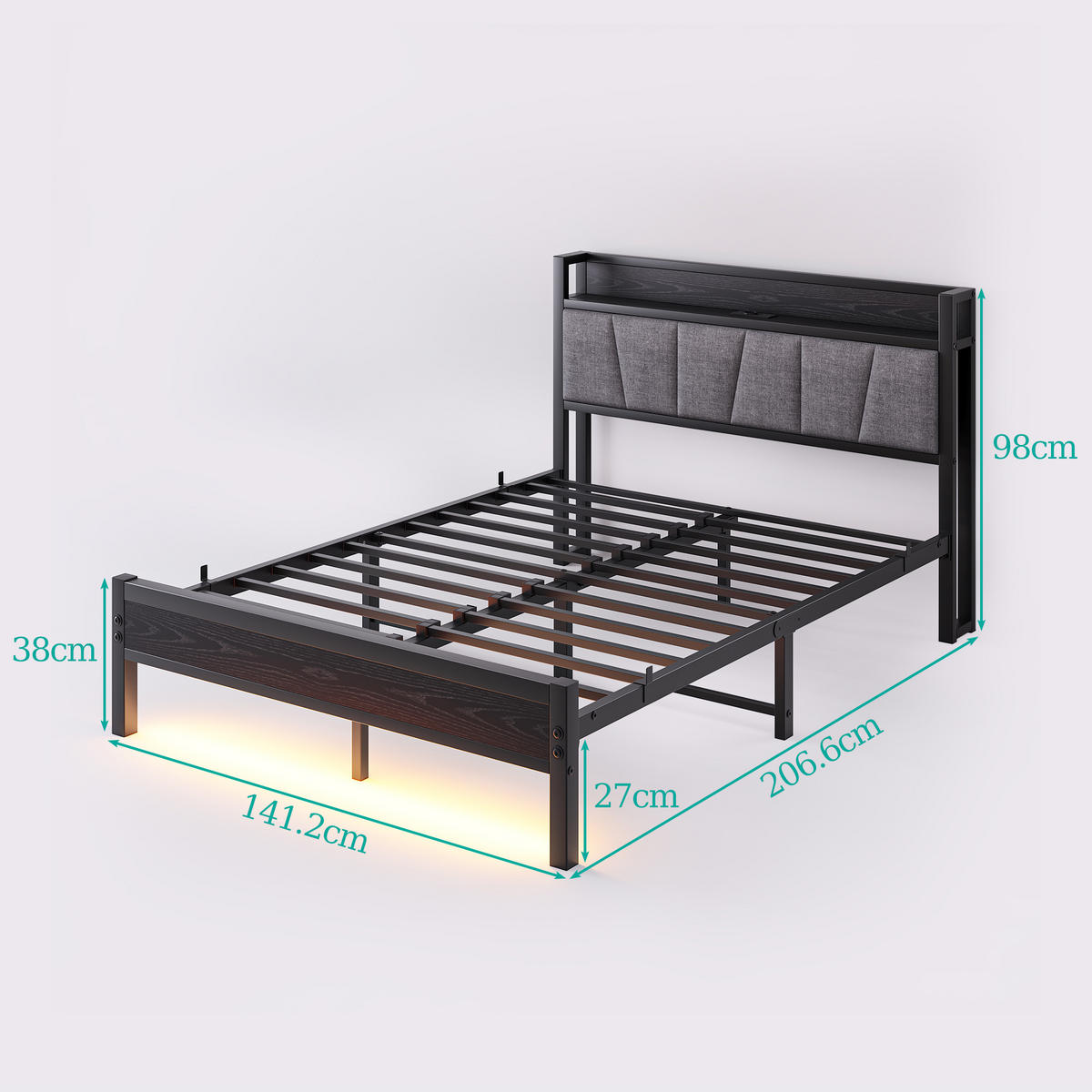 BETT 140/190 cm DE-35537 mit LED und USB-Ladestation Schwarz - Schwarz/Grau, Metall (140/190cm) - ComfortXL