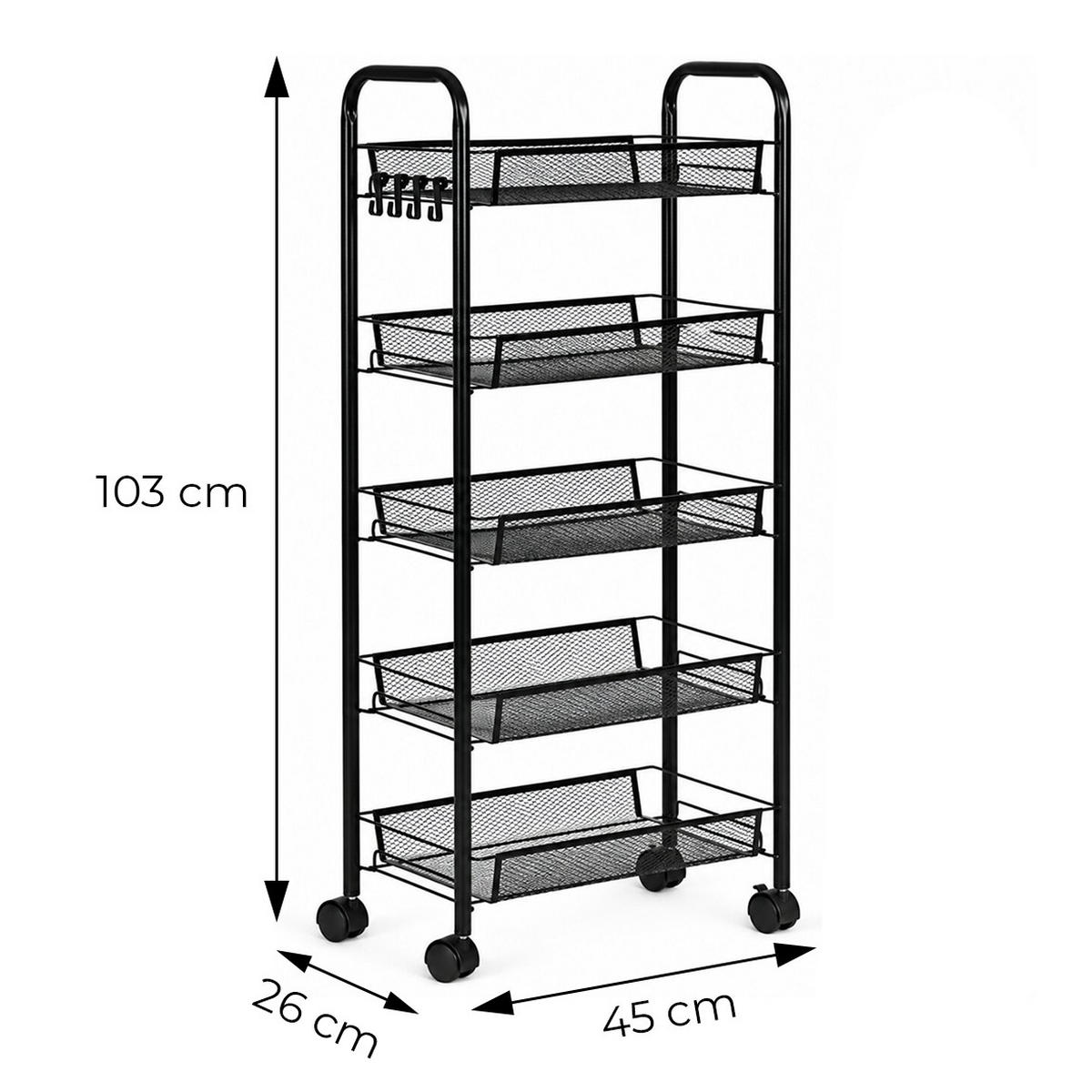 ROLLWAGEN Metall, 5 Ablagekörbe, 103 cm, Schwarz, mit Haken - Schwarz, Metall (45/103/26cm) - Mat-Haus