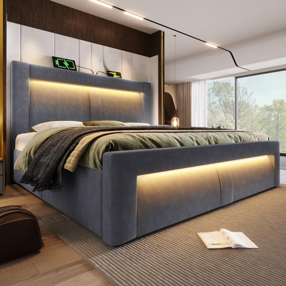 POLSTERBETT aus Samt 160x200 cm in Grau mit LED-Beleuchtung & Ladestation - Grau, Textil (160/200cm) - Modfu