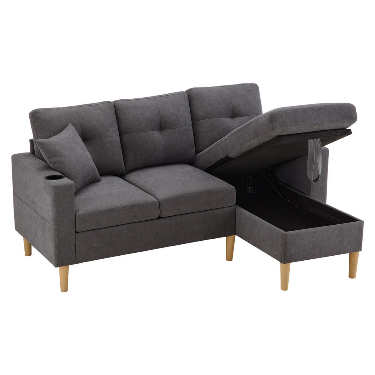 SOFA 3-Sitzer L-Form Chaiselongue Stauraum Kissen - Grau, Holz (129/175cm) - FLIEKS
