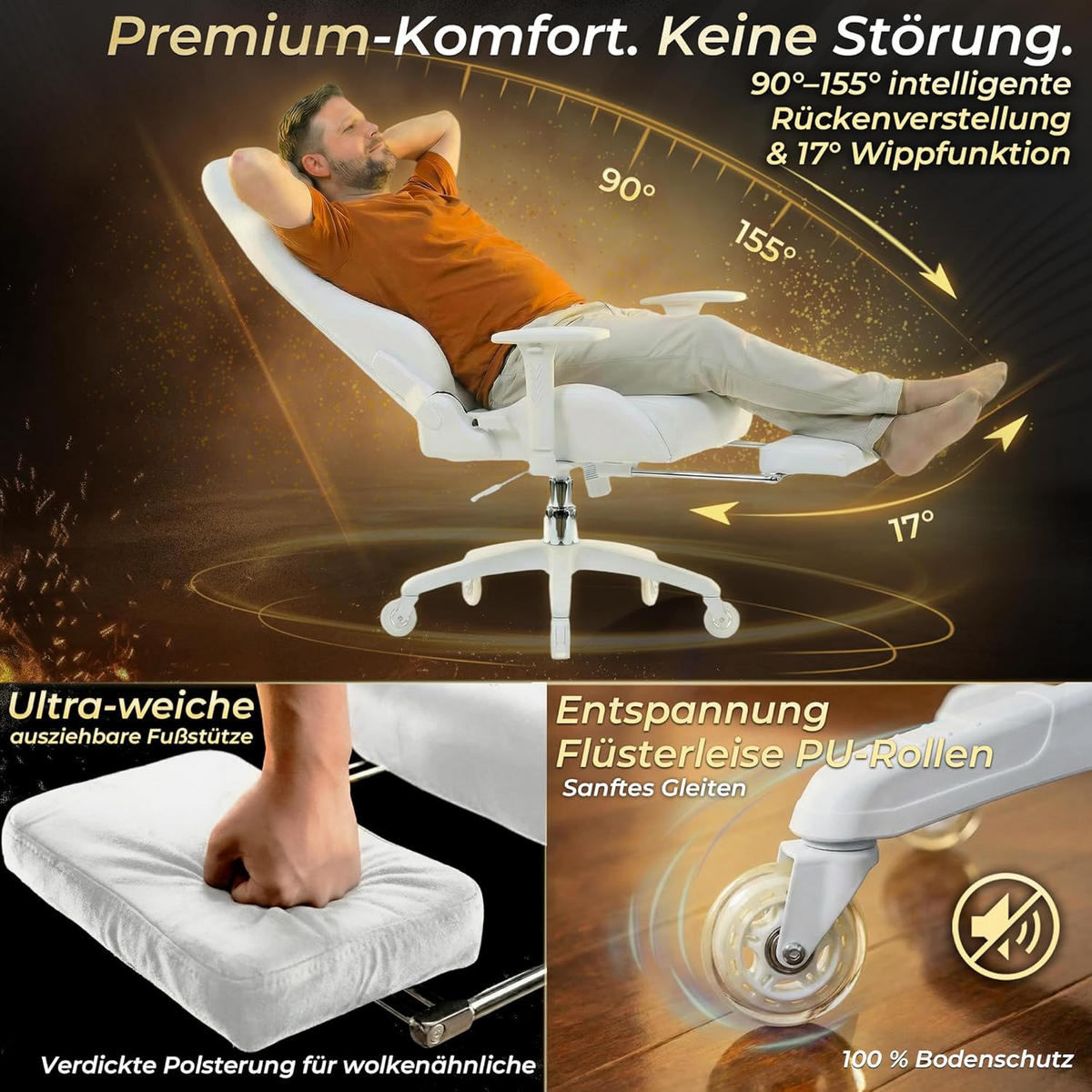 GAMING-STUHL Mikrofaser-Velours Verstellbarer Bürostuhl mit Fußstütze - Weiß, Leder (70/128/70cm)