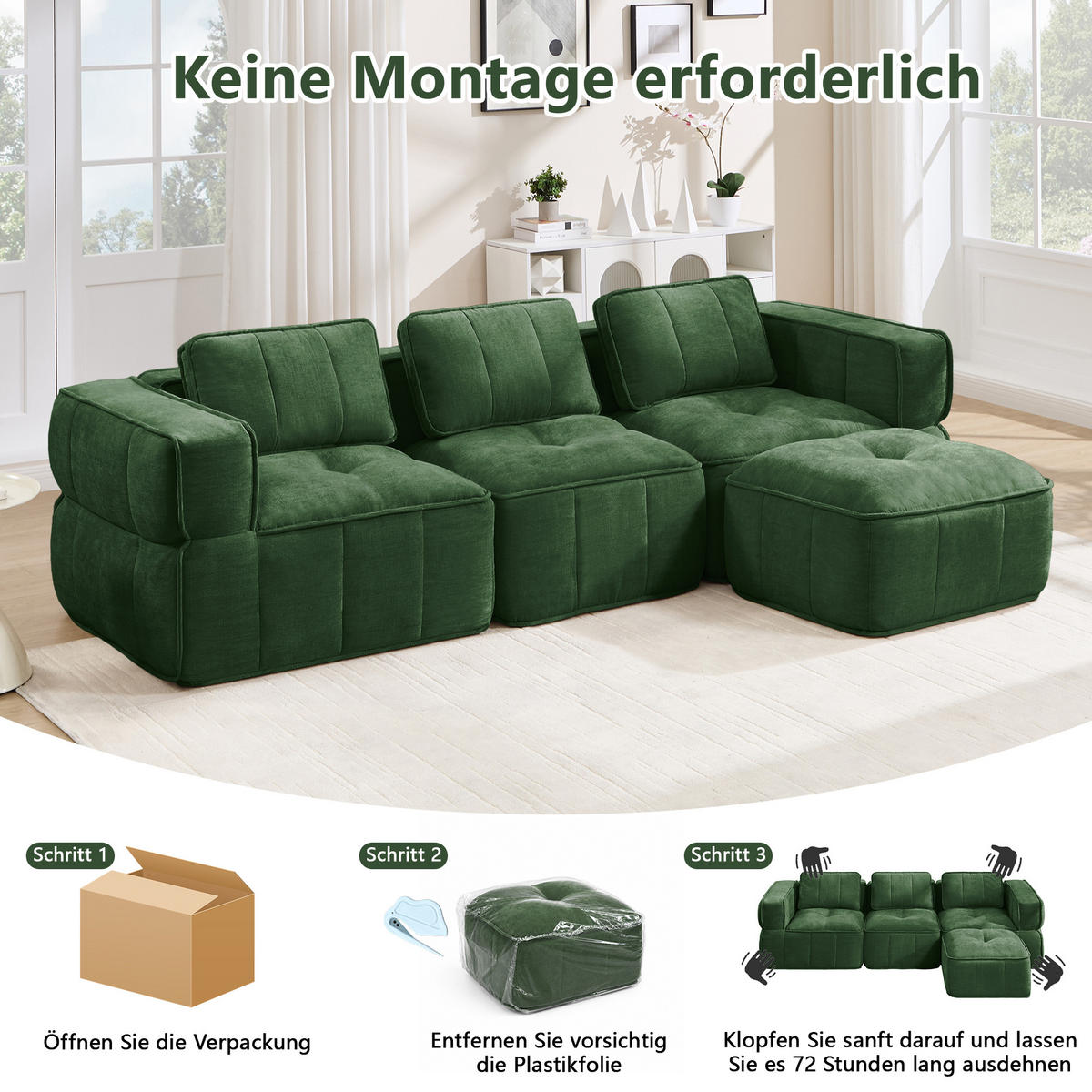 ECKSOFA 271/162/67 cm Grün mit 1 Fußhocker - Grün, Textil (271/162cm) - Oxeza