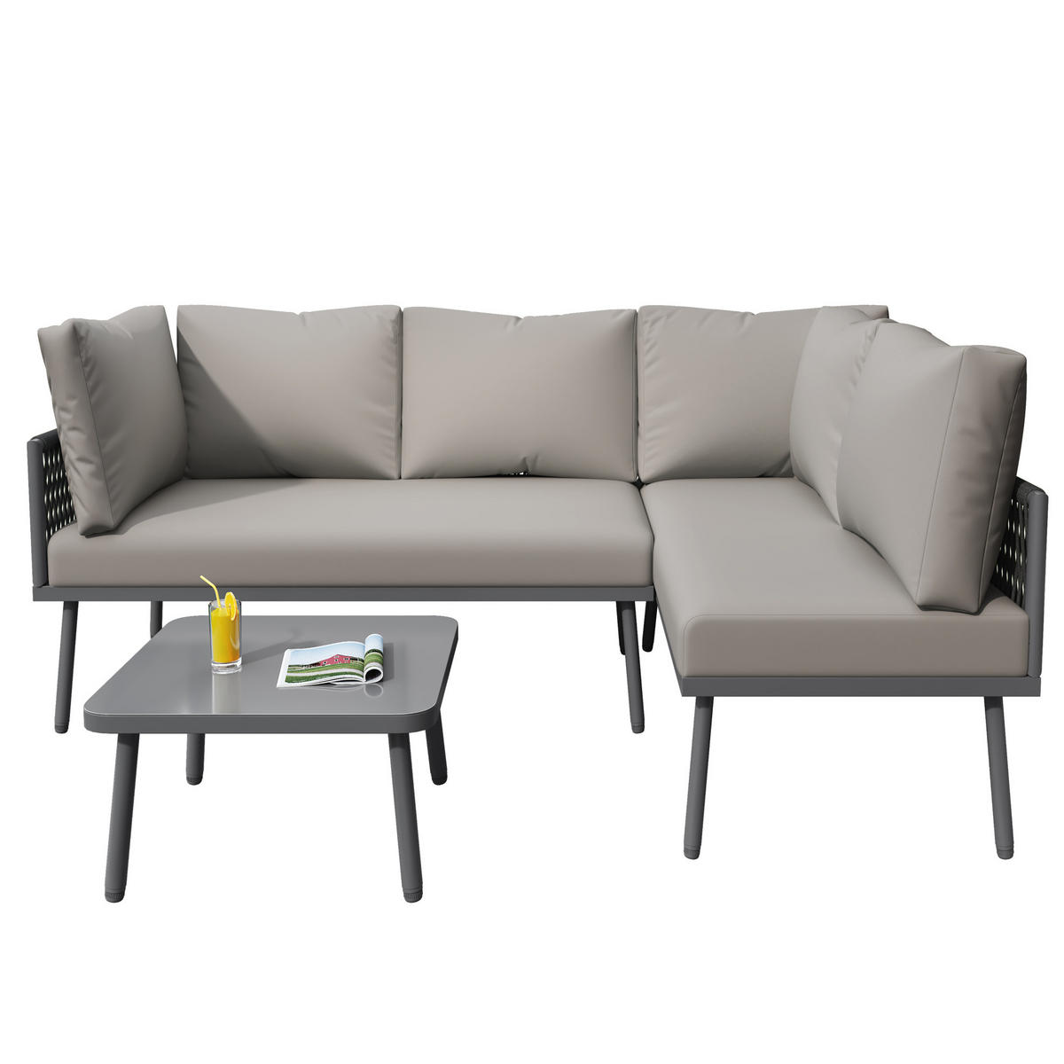 GARTEN-LOUNGE-SET mit Eisenrahmen & Seil, 2 Sofas 120/60/72 cm + Tisch 53/53/36 cm, Grau - Grau, Metall - Redom