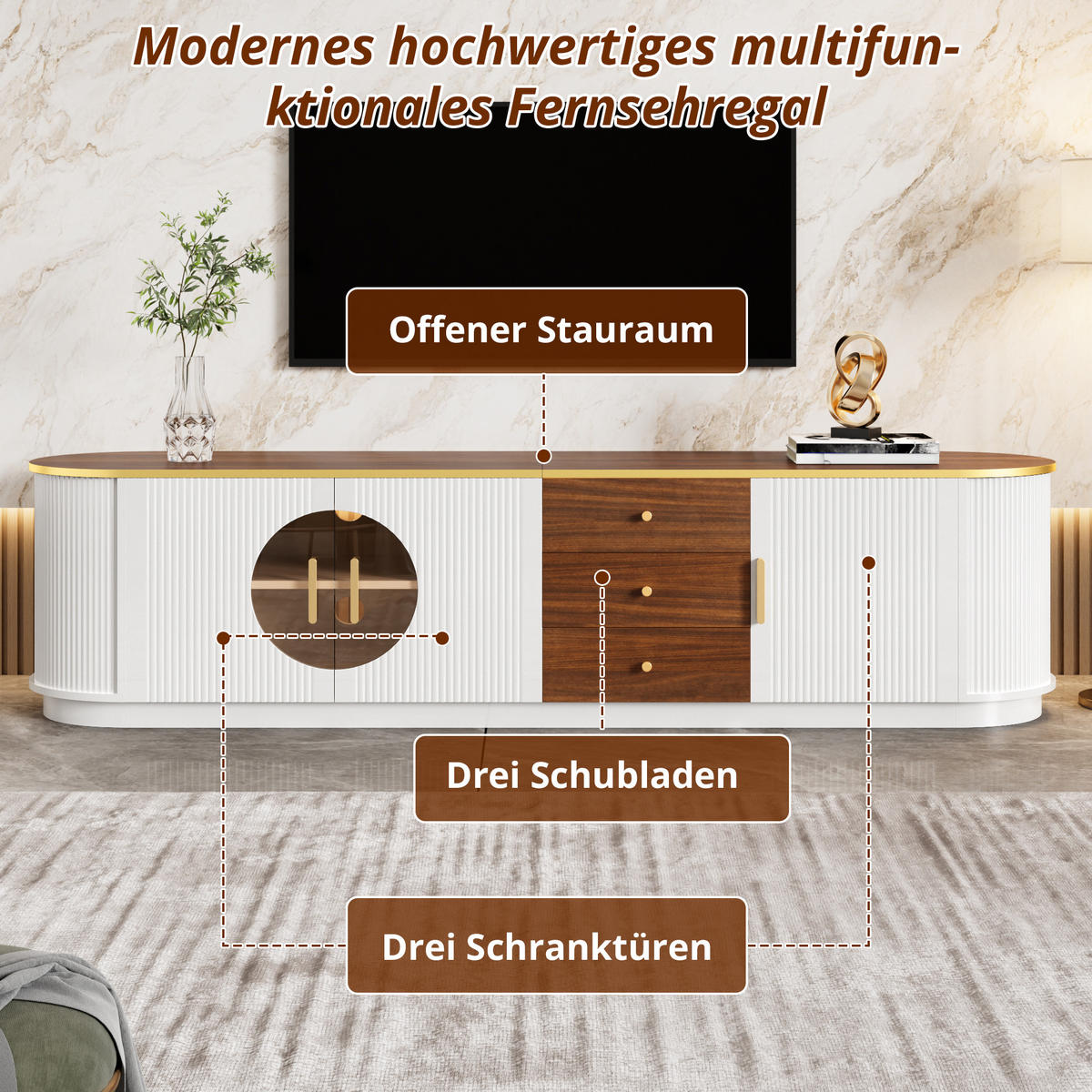 TV-ELEMENT 180/40/46 cm Weiß mit 3 Schubladen und Aluminiumgriffe - Weiß, Holz (180/46/40cm) - Oxeza