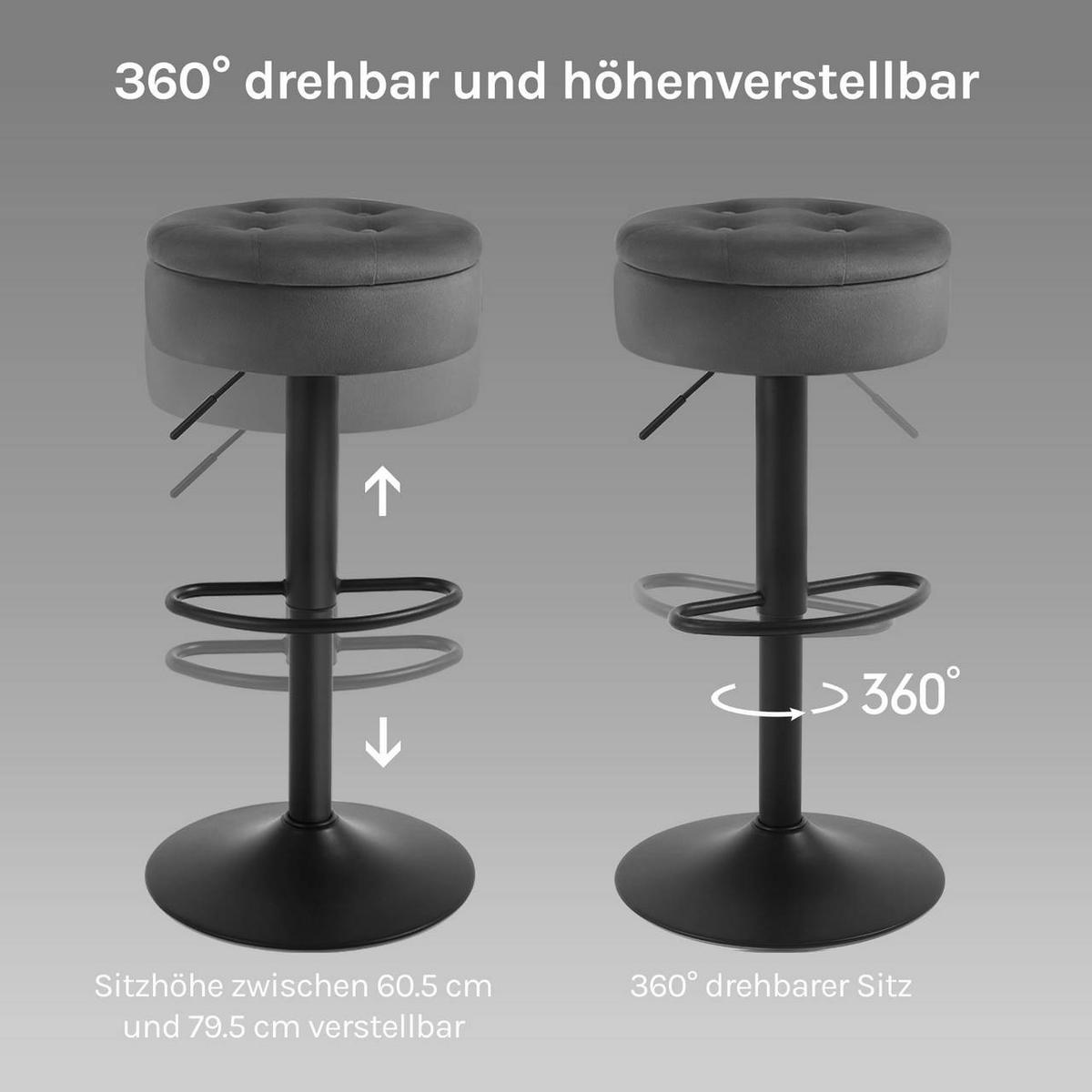 BARHOCKER 4er Set, drehbar, Samt, Dunkelgrau - Dunkelgrau/Schwarz, Textil/Metall (39/60.5/39cm) - Woltu