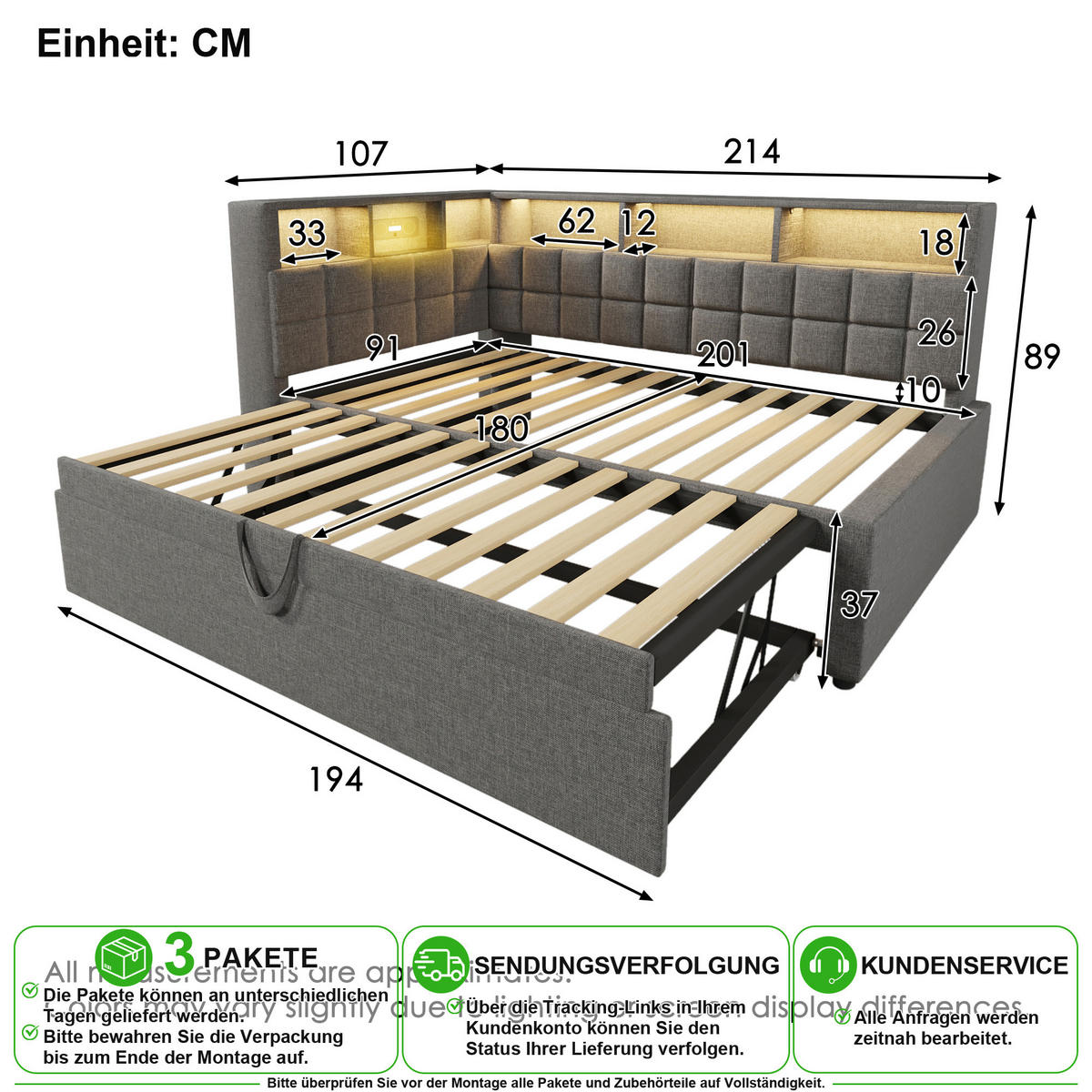 SCHLAFSOFA 90/200 cm & 90/190 cm in Grau mit Ausziehbett, LED, USB und Type-C - Grau, Holzwerkstoff/Textil (90/200cm) - CHICFURN