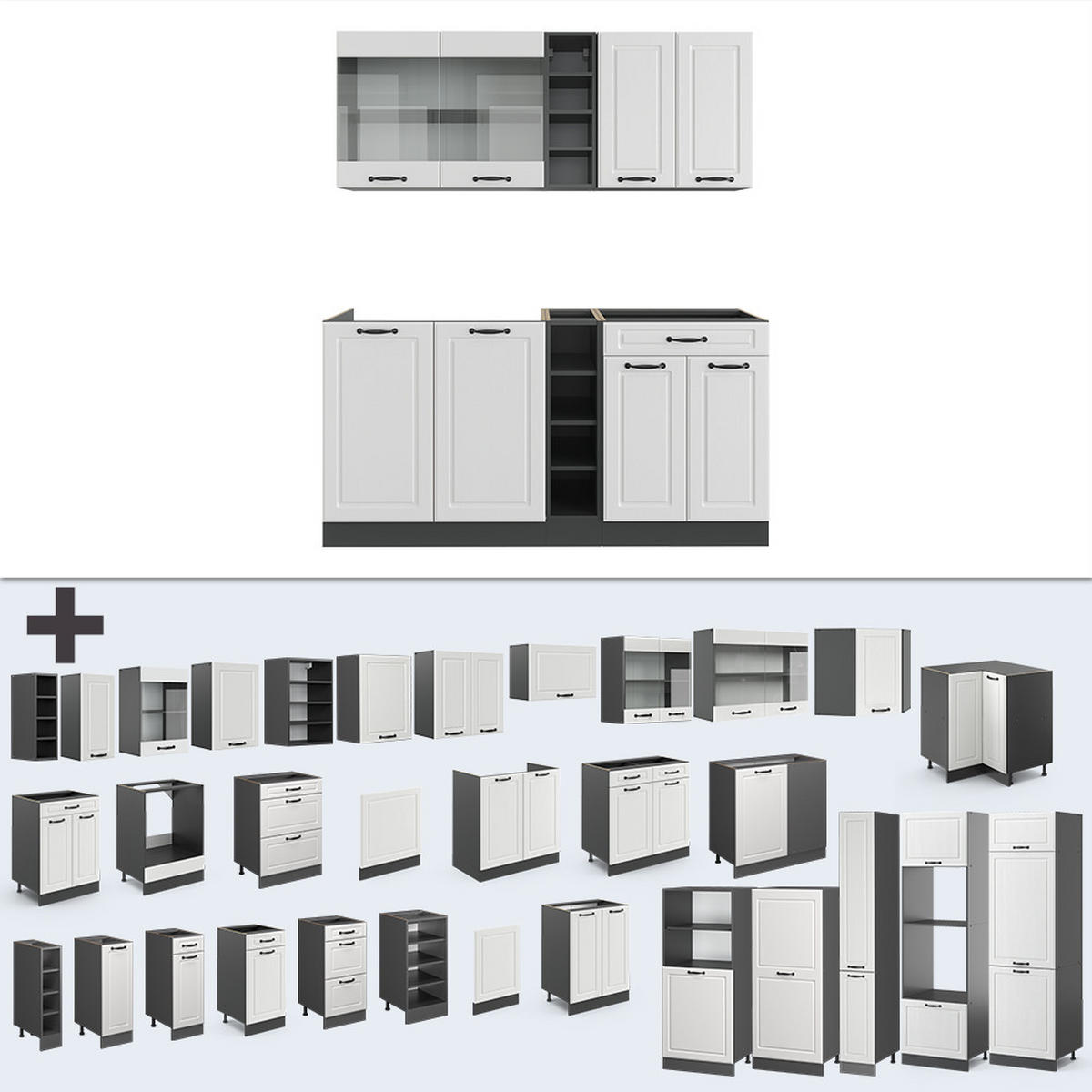 SINGLEKÜCHE R-Line Weiß Landhaus/Anthrazit 160 cm, AP Marmor - Anthrazit/Creme, Holzwerkstoff (160/81.6/60cm) - Vicco