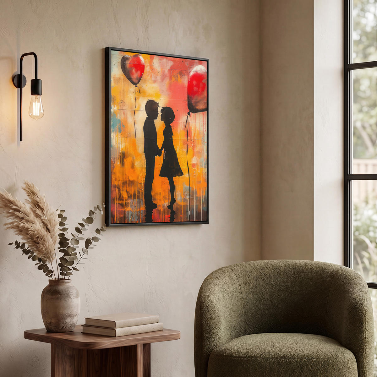 LEINWAND Bilder mit Rahmen - Straßenkunst - Liebe - Graffiti - Kunst - Banksy - 60x80 - Orange, Textil (60/80cm) - MuchoWow