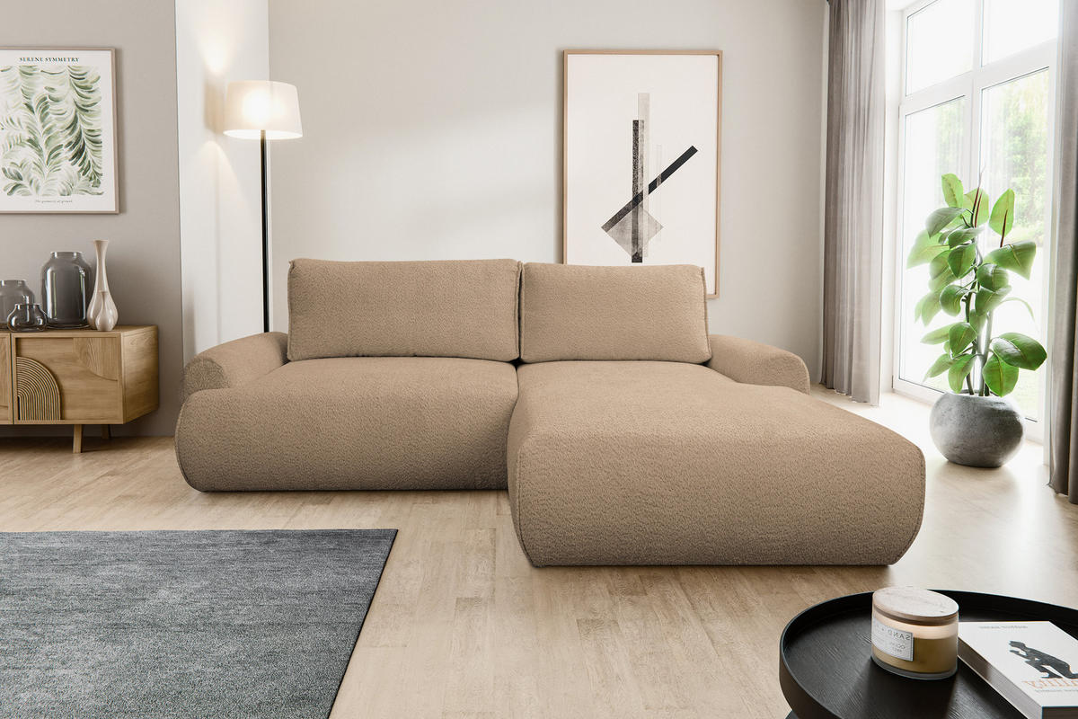 ECKSOFA Moon in L-Form mit Schlaffunktion und Bettkasten, Farbe: Braun, Bouclé-Stoff, Ottomane Rechts - Braun, Textil (260/136cm) - VENASI MÖBEL
