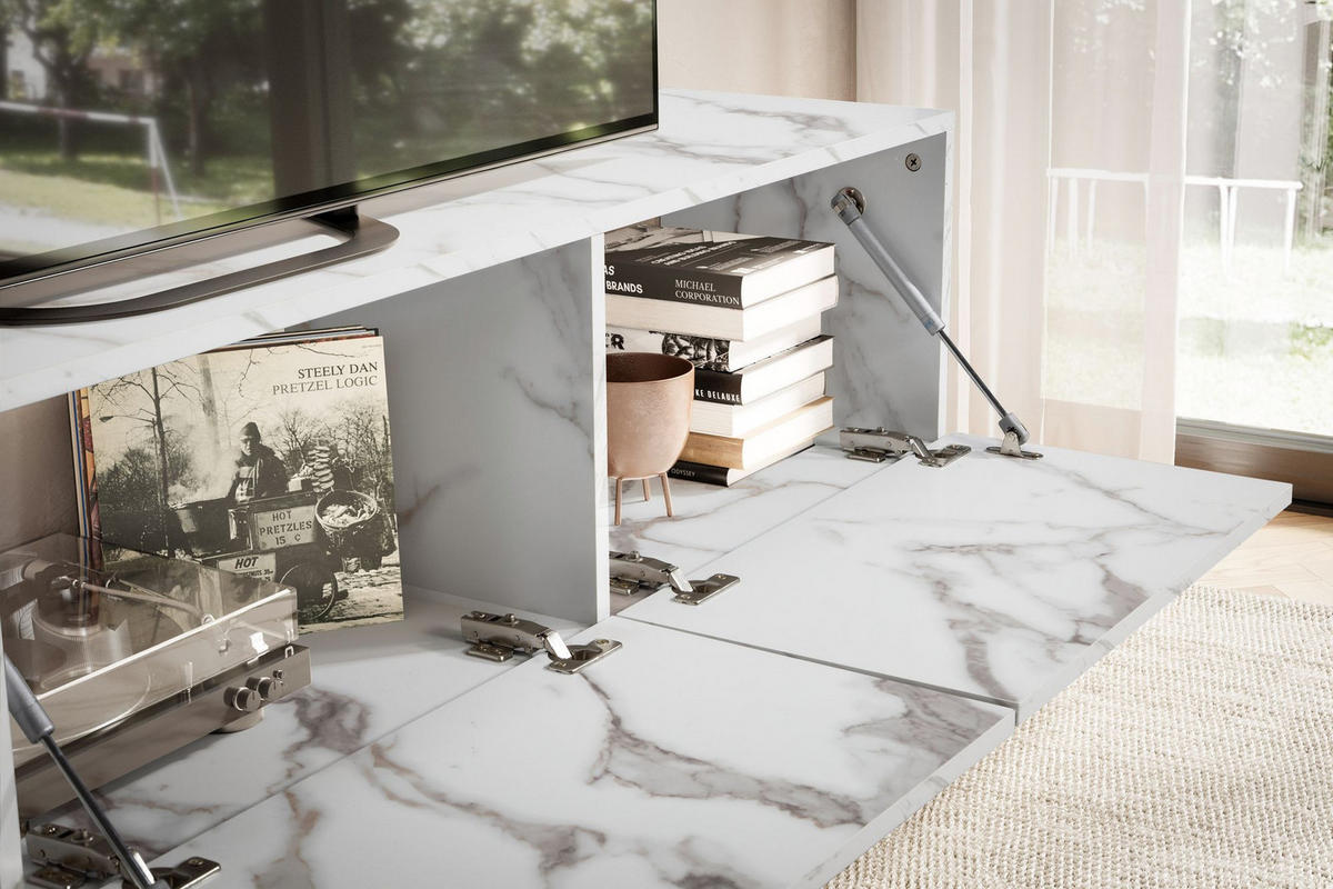 TV-LOWBOARD hängend groß, Marmor-Optik, Klapptüren, modern, Weiß 160x30x30 cm - Weiß, Metall (160/30/30cm) - KADIMA DESIGN