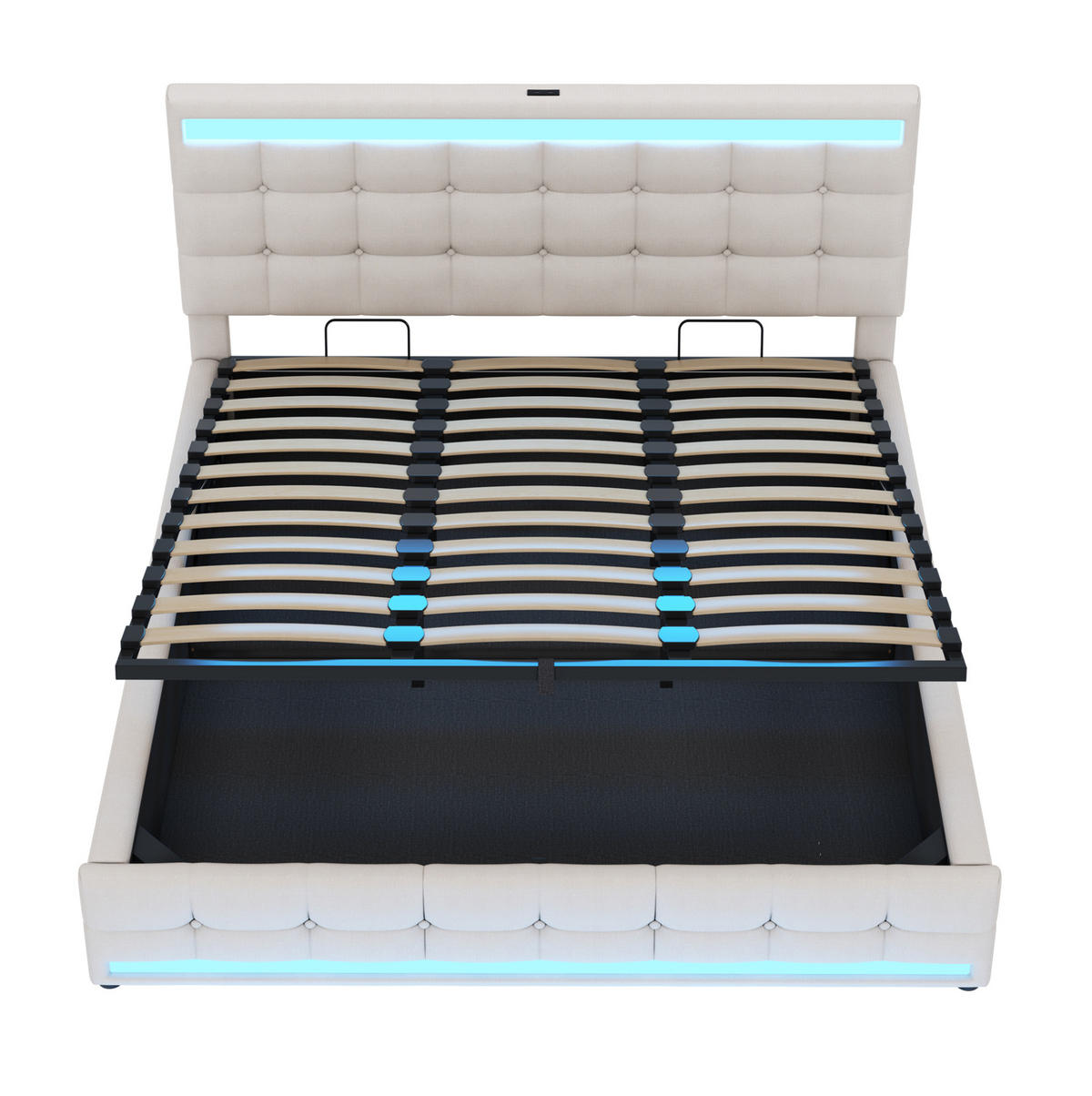 ČALÚNENÁ posteľ 180/200 cm s RGB LED osvetlením, USB portami a nastaviteľným čelom, Béžová - béžová, textil (180/200cm) - Redom